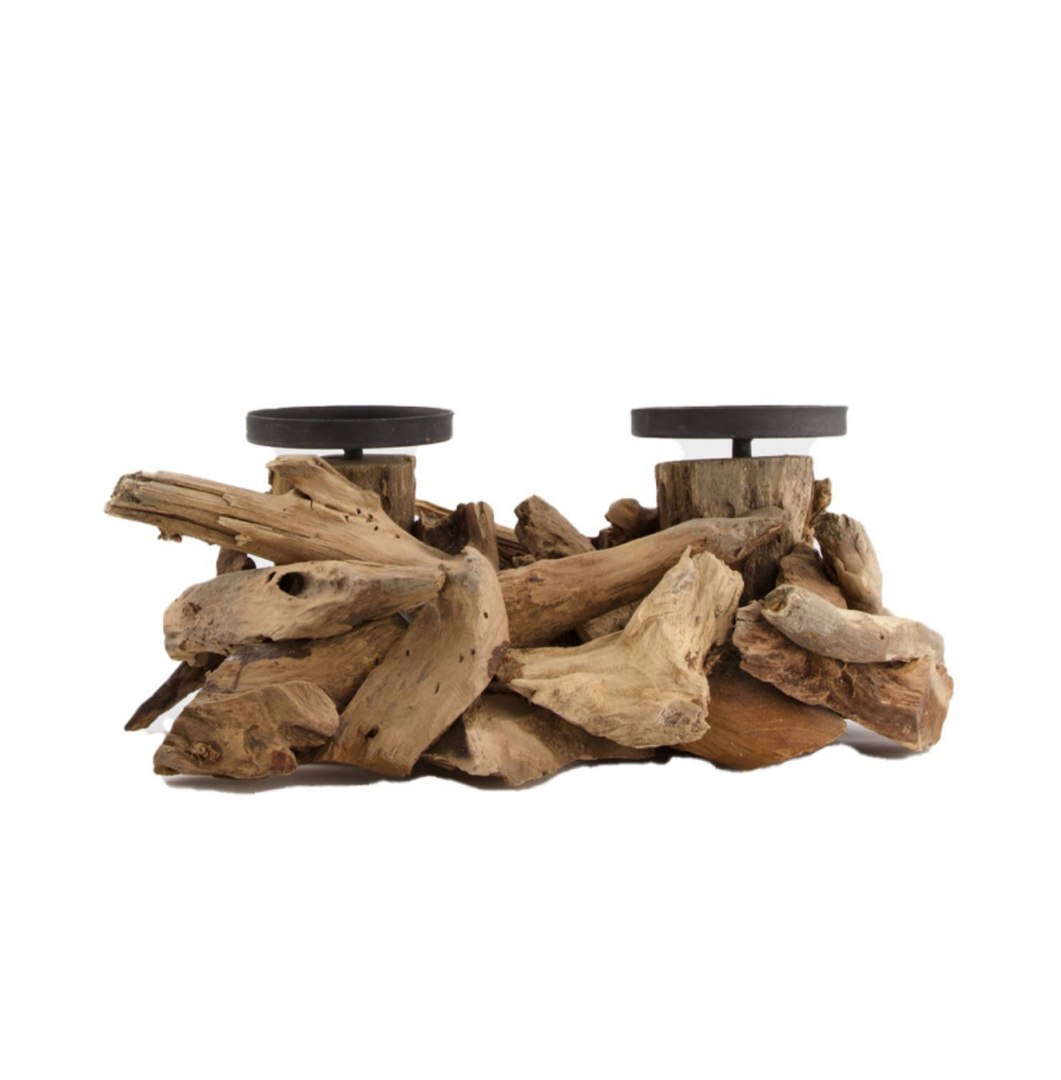 Dvojitý svícen z přírodního dřeva s černými stojany 32x14