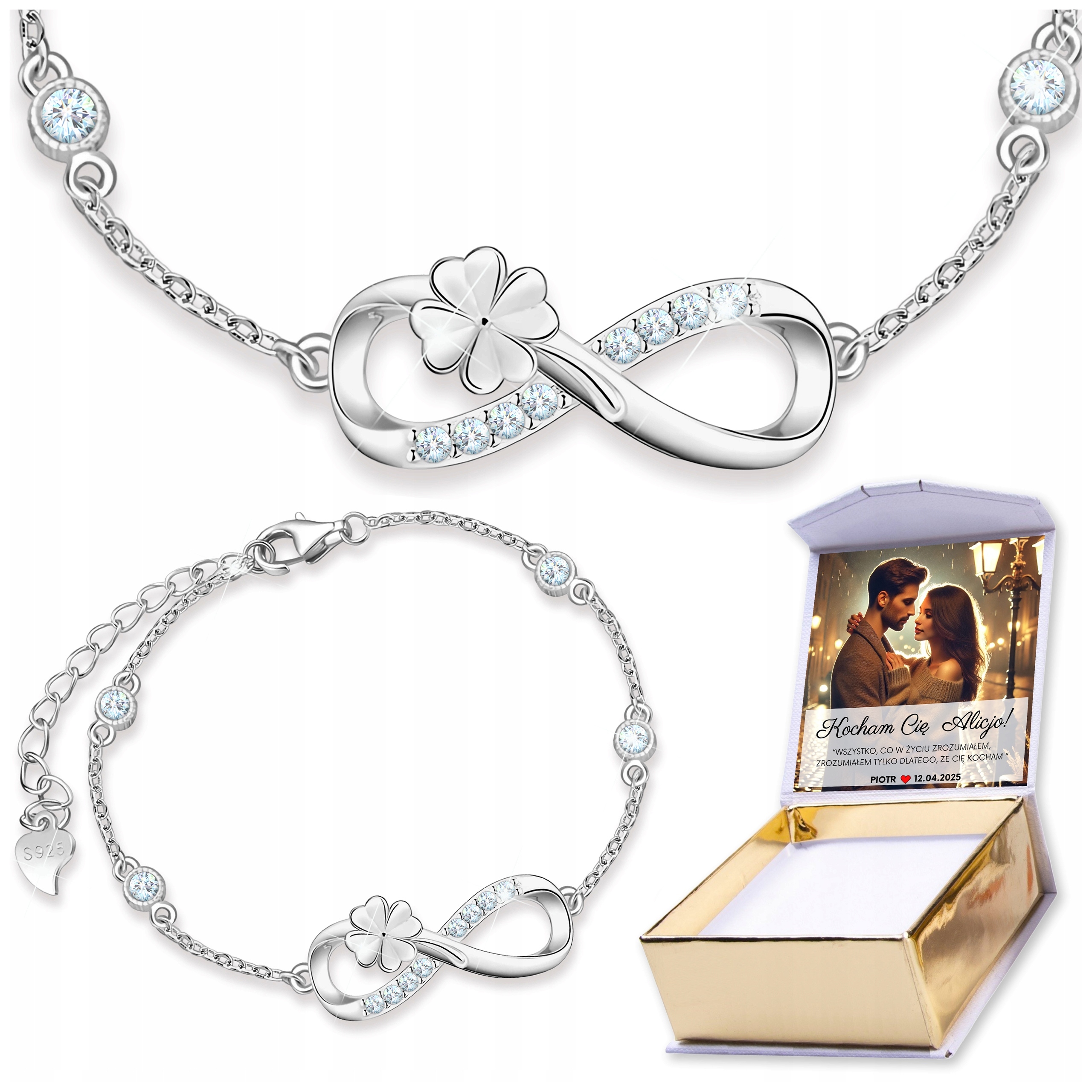 Bransoletka Srebrna 925 Koniczynka ze Znakiem Nieskończoności z Cyrkoniami