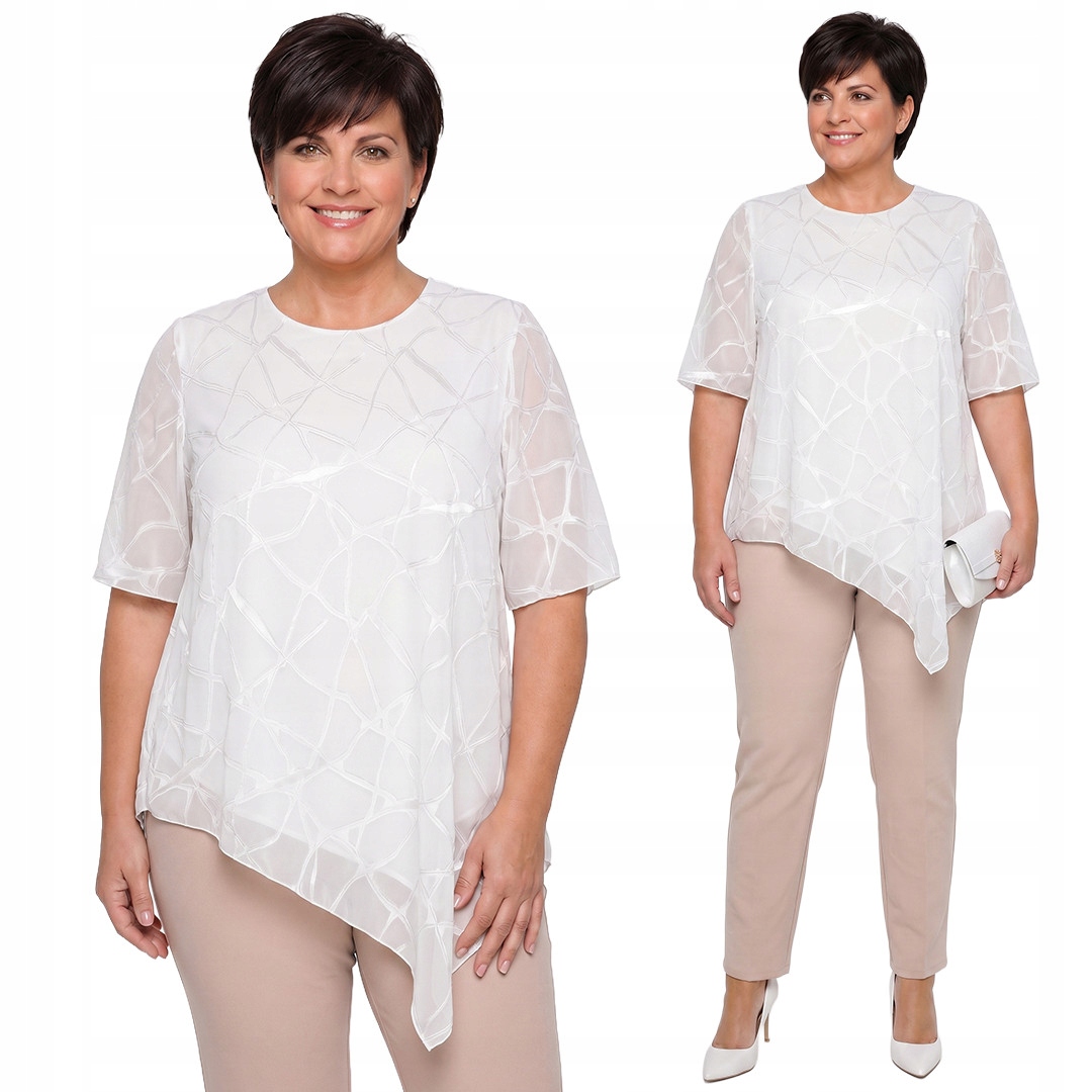 Asymetrická bílá tunika s lesklými vzory plus size velikost 54