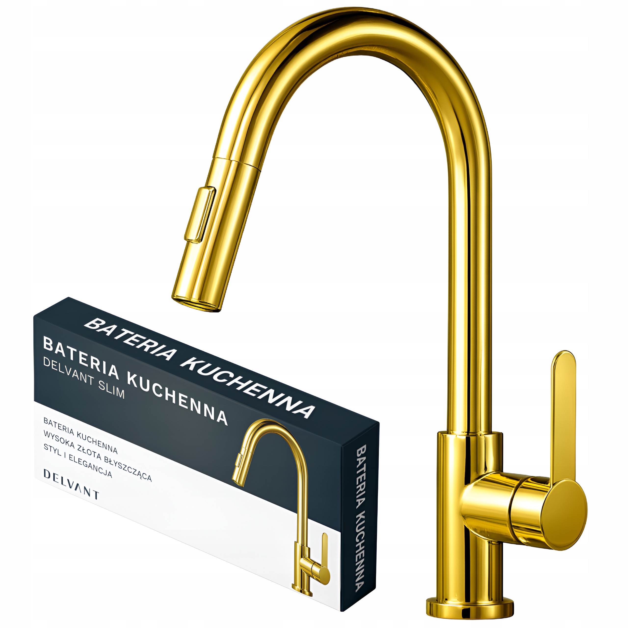 Bateria Kuchenna Z Wyciąganą Wylewką Kran Delvant Slim Błyszcząca Złota