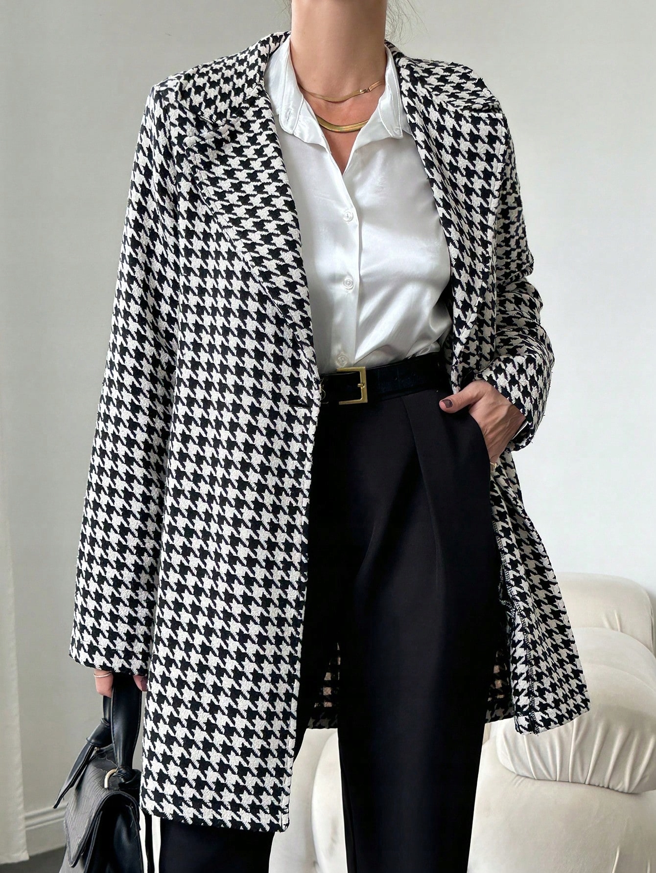 Dámský Elegantní, Stylový Kabát S Kapucí, Černobílý Shein Xs 34