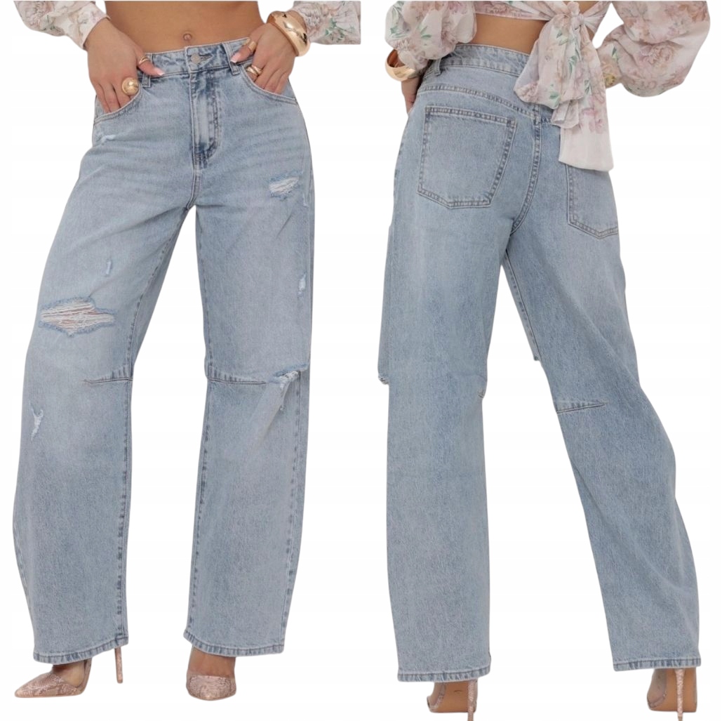 Modne Szerokie Spodnie Jeansowe Balloon Z Przetarciami Luźne M