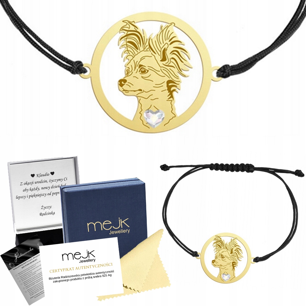 Zlatý náramek se psem Ruský Toy 925 Šňůrka Dárek Šperky Gravírování