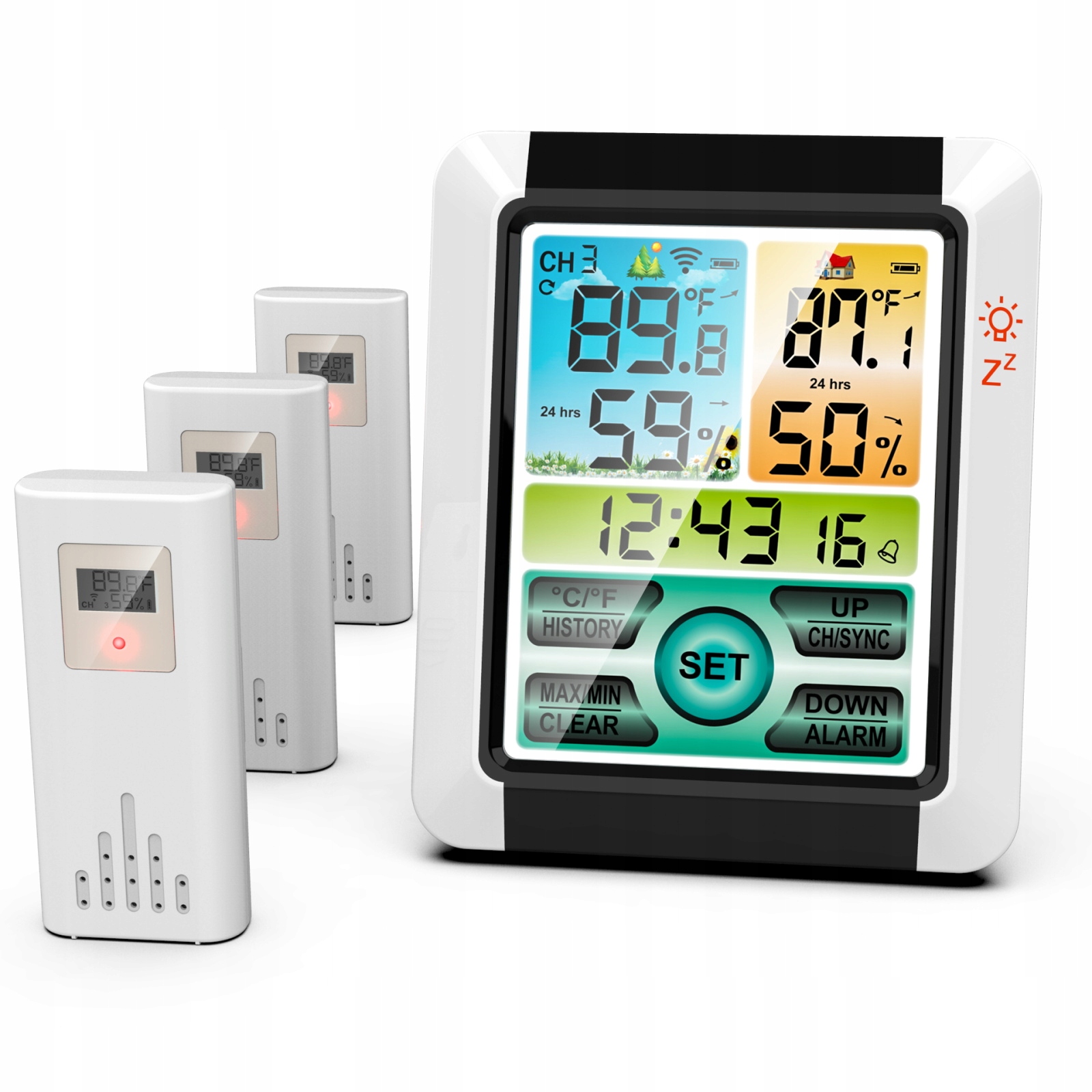 Bezdrátová meteorologická stanice teploměr vlhkoměr hodiny alarm 3*Senzor