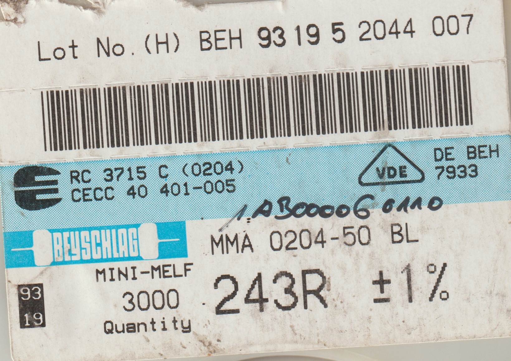 [100szt] 243R 1% 50ppm rezystor Smd minimelf MMA0204 Beyschlag low noise