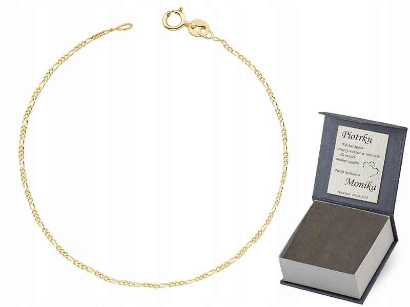 Złota Bransoletka Damska pr. 333 8k Splot Figaro 18cm Grawer