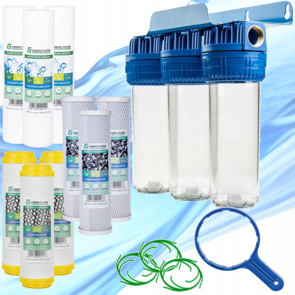 Vodní filtr, třístupňový trubkový systém pro celý dům, vložky 1" Green Filter