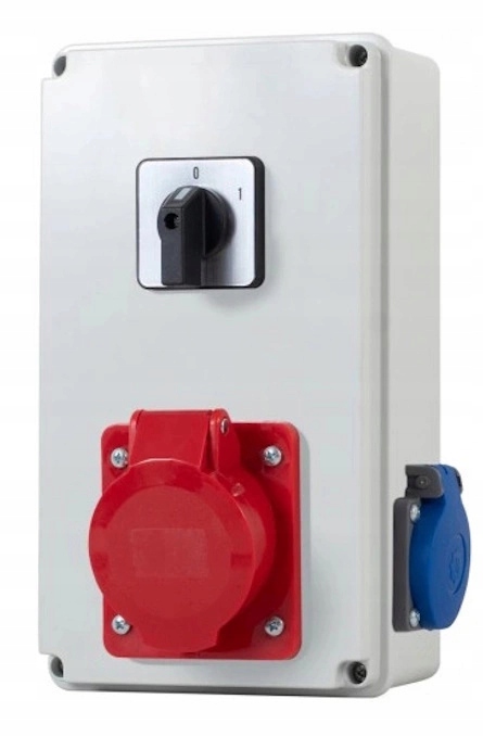 Hermetická nástěnná rozvaděčová skříň s zásuvkami 32A/5p 230V Vypínač 0/1