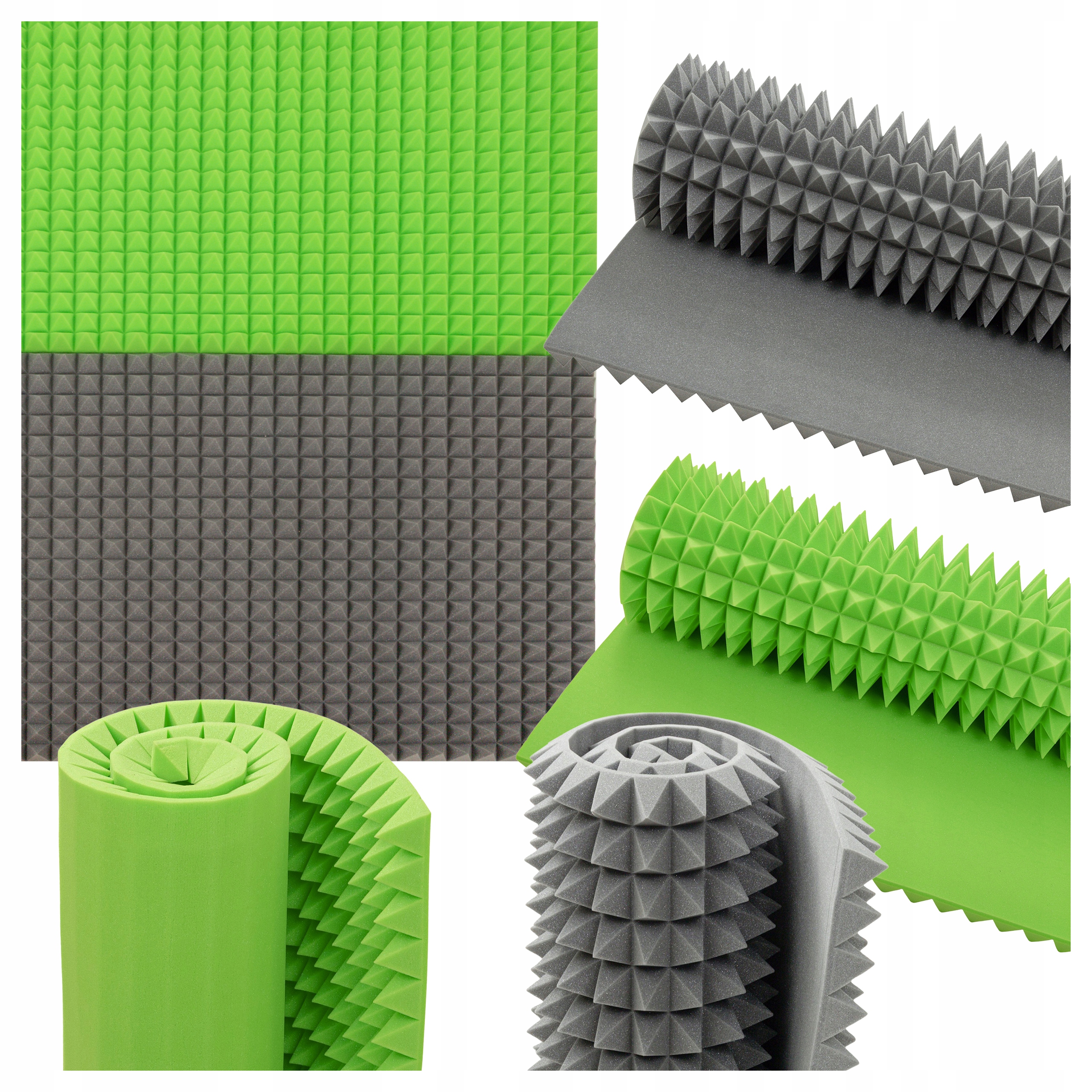 Akustické pyramidy tlumící dozvuk, světle zelené a šedé absorbéry, 7 cm