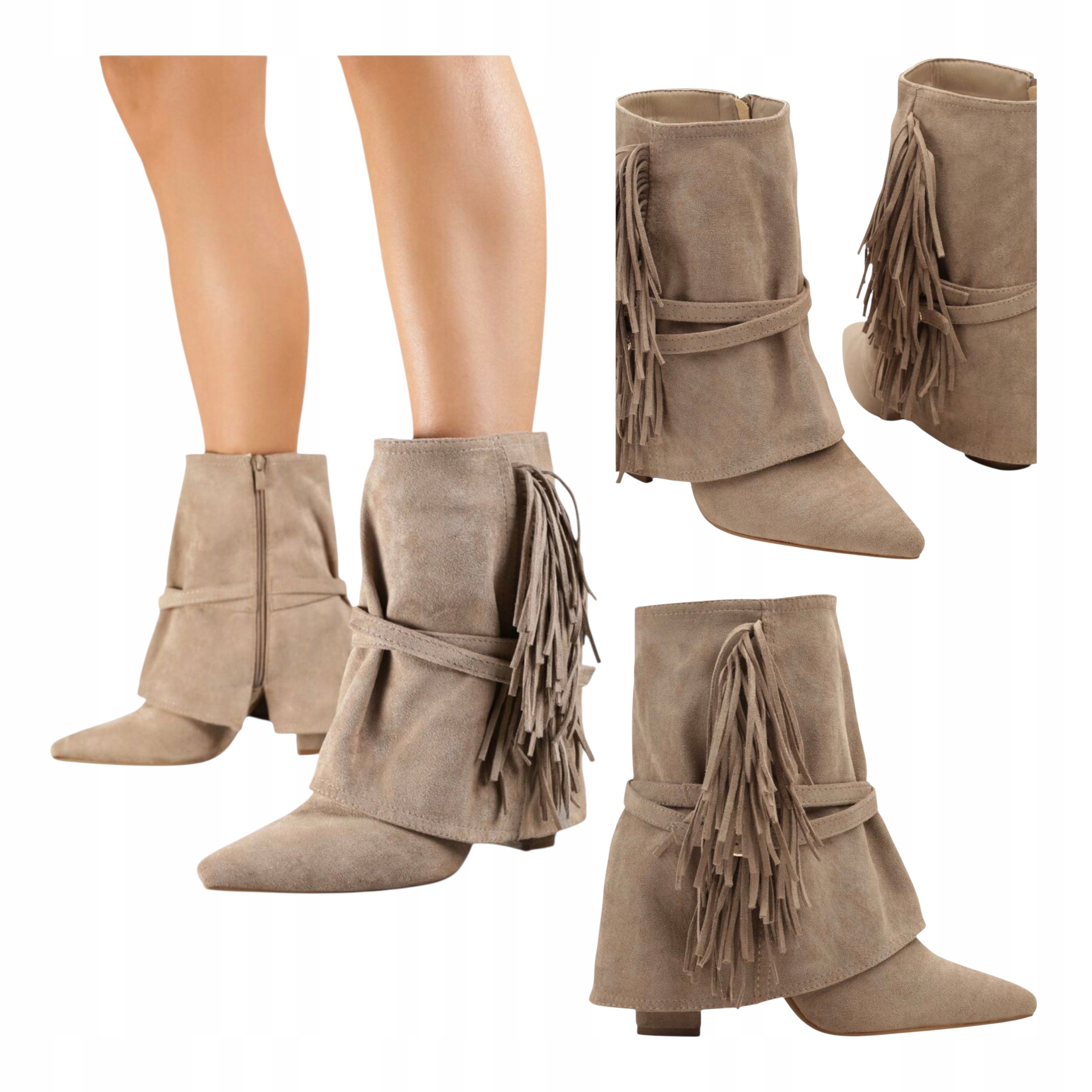 Dámské Kotníkové Boty Boho na Podpatku Kovbojské Boty Kožené Třásněmi Semiš Béžová 40