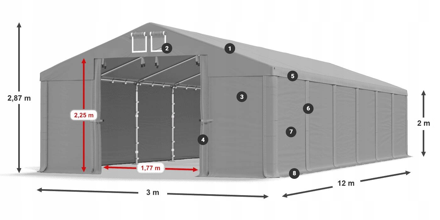 Namiot Garażowy 3x12m Solidny DAS 560 S Szerokość 3 m