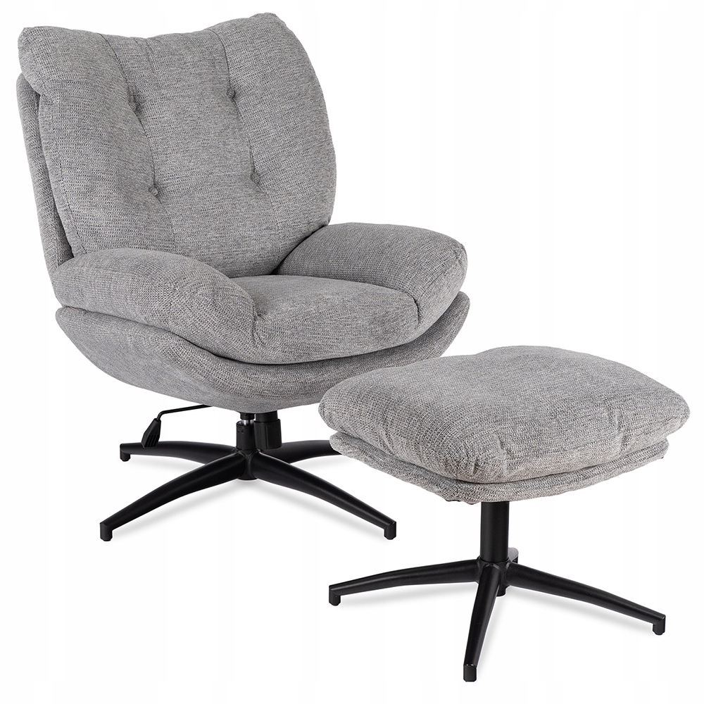 Křeslo s podnožkou otočné, čalouněné šedou barvou Fremont