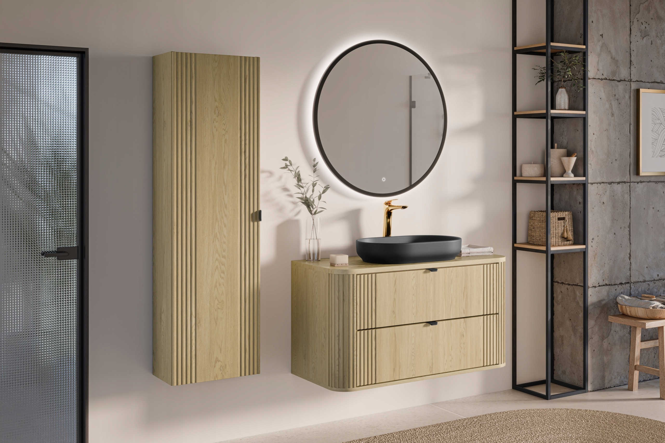 Nábytková sada 100 cm s deskou, umyvadlem na desku River a vysokou skříňkou