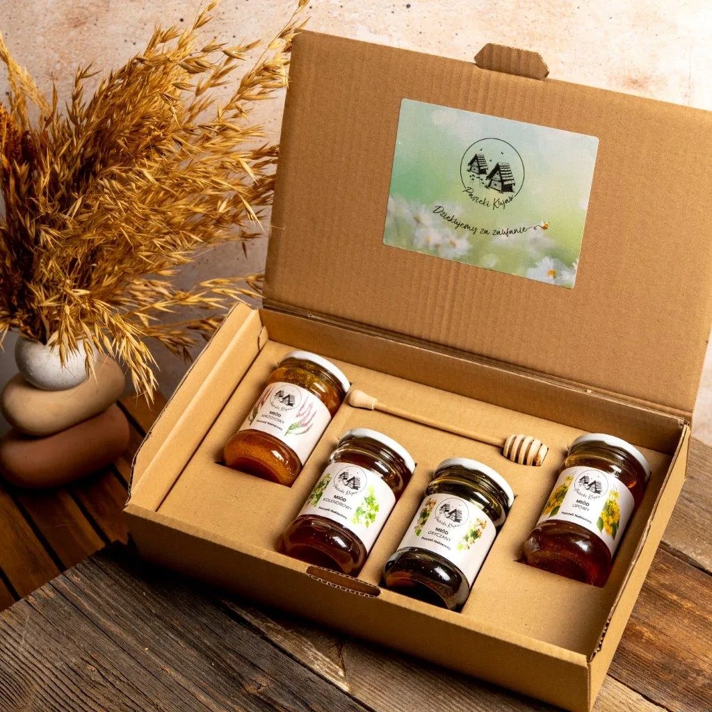 Zestaw miodów w kartoniku z wkładką 4x400g wielokwiat, akacja, gryka, spadź