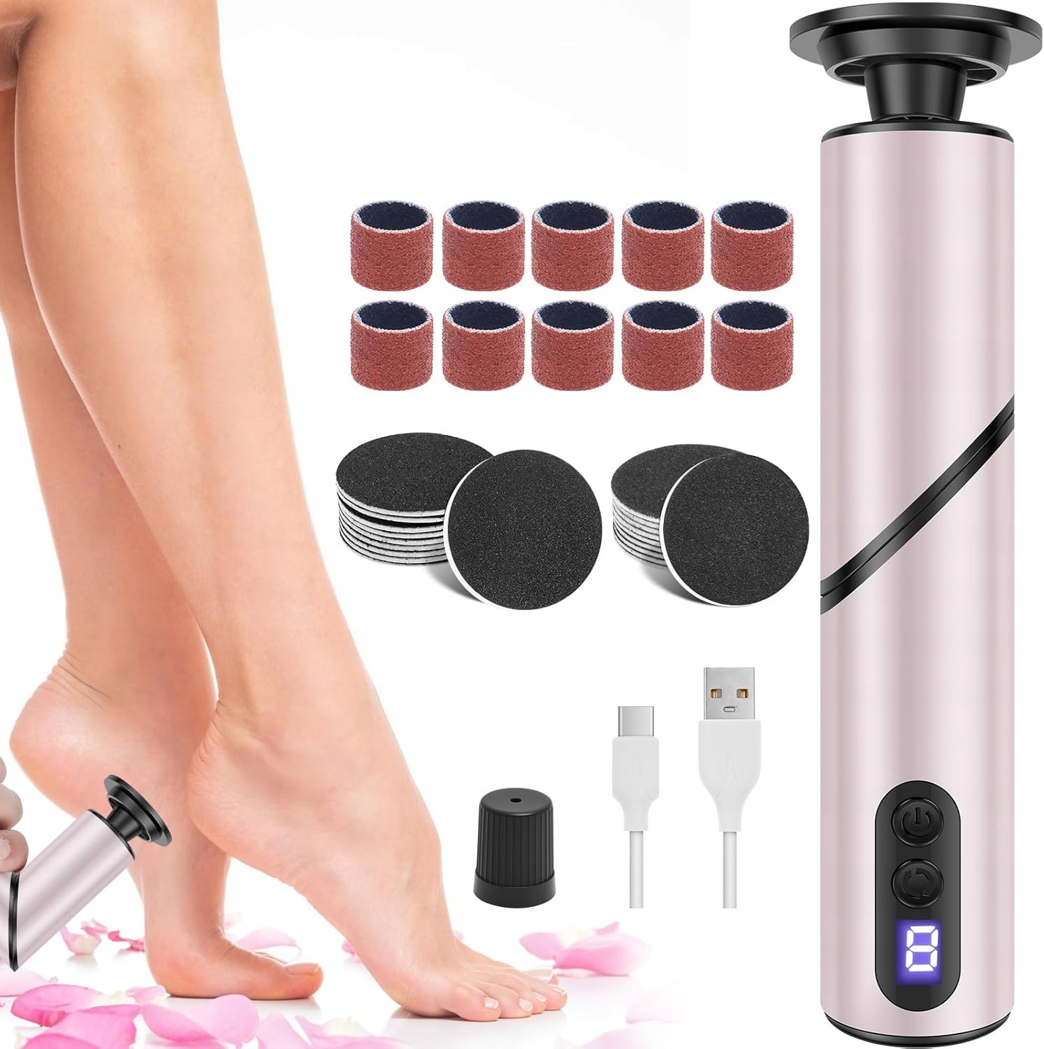 Elektrický Pilník Na Nohy Skládací 9 Úrovní Usb Nabíjení 1800 Mah Růžový