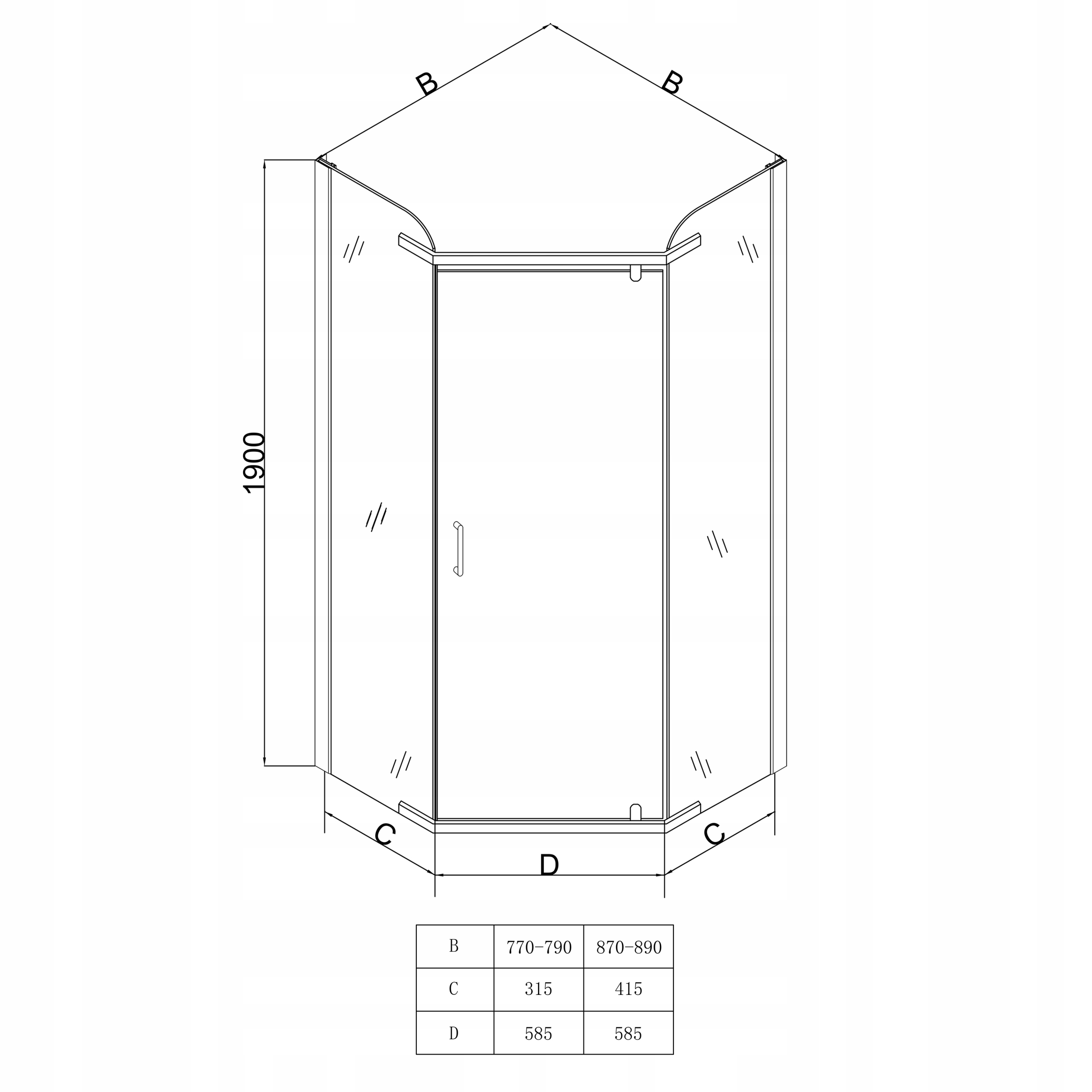 KABINA PRYSZNICOWA PIĘCIOKĄTNA UCHYLNA 5K CHROM 90x90 CM DRZWI SZYBA ESG Szerokość 90 cm