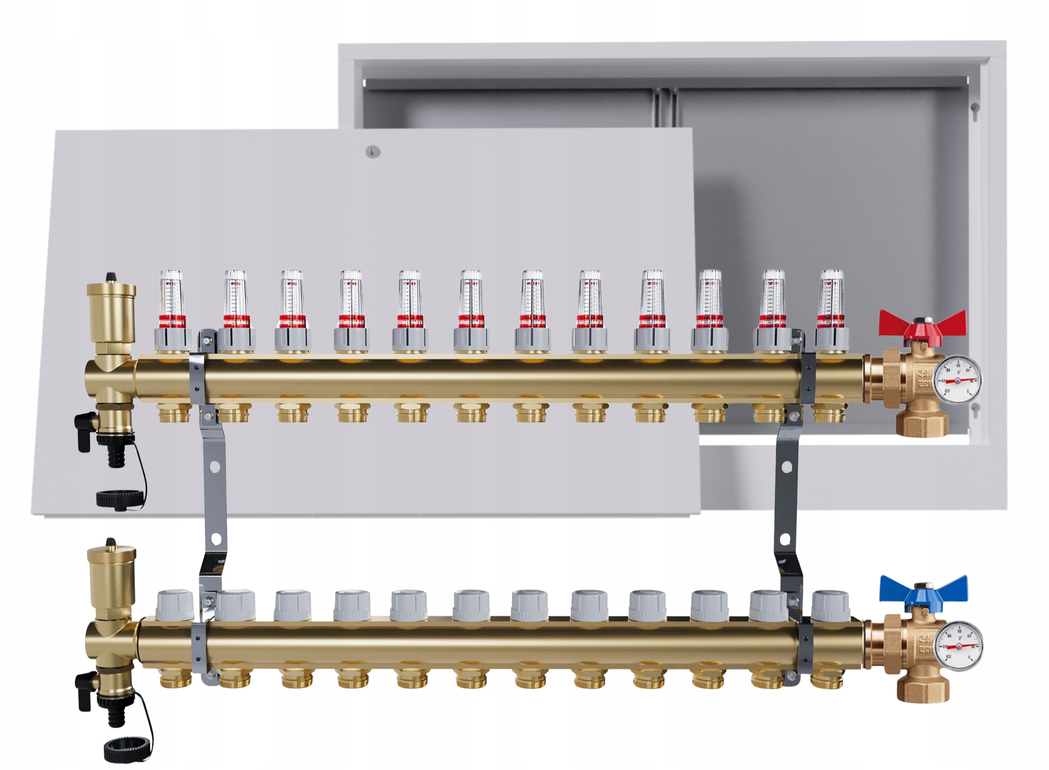 Rozdělovač Pro Podlahovou Krytinu 12 Okruhů Ventil Teploměr Nástěnná Skříňka