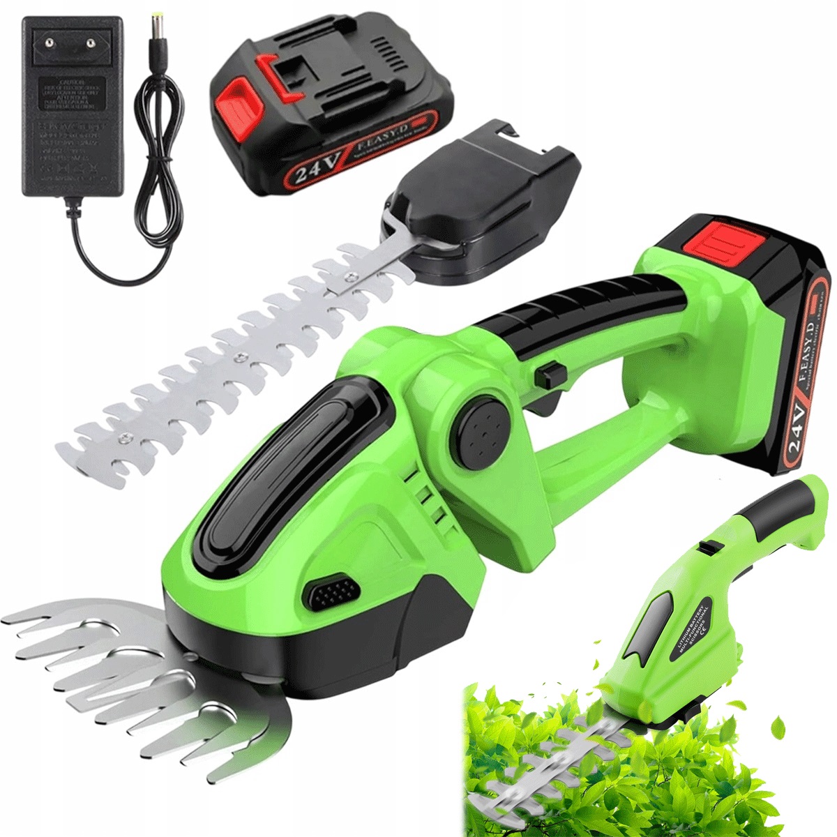 Bezdrátové nůžky na živý plot 1500 mAh s nastavitelným úhlem 90°, zelené