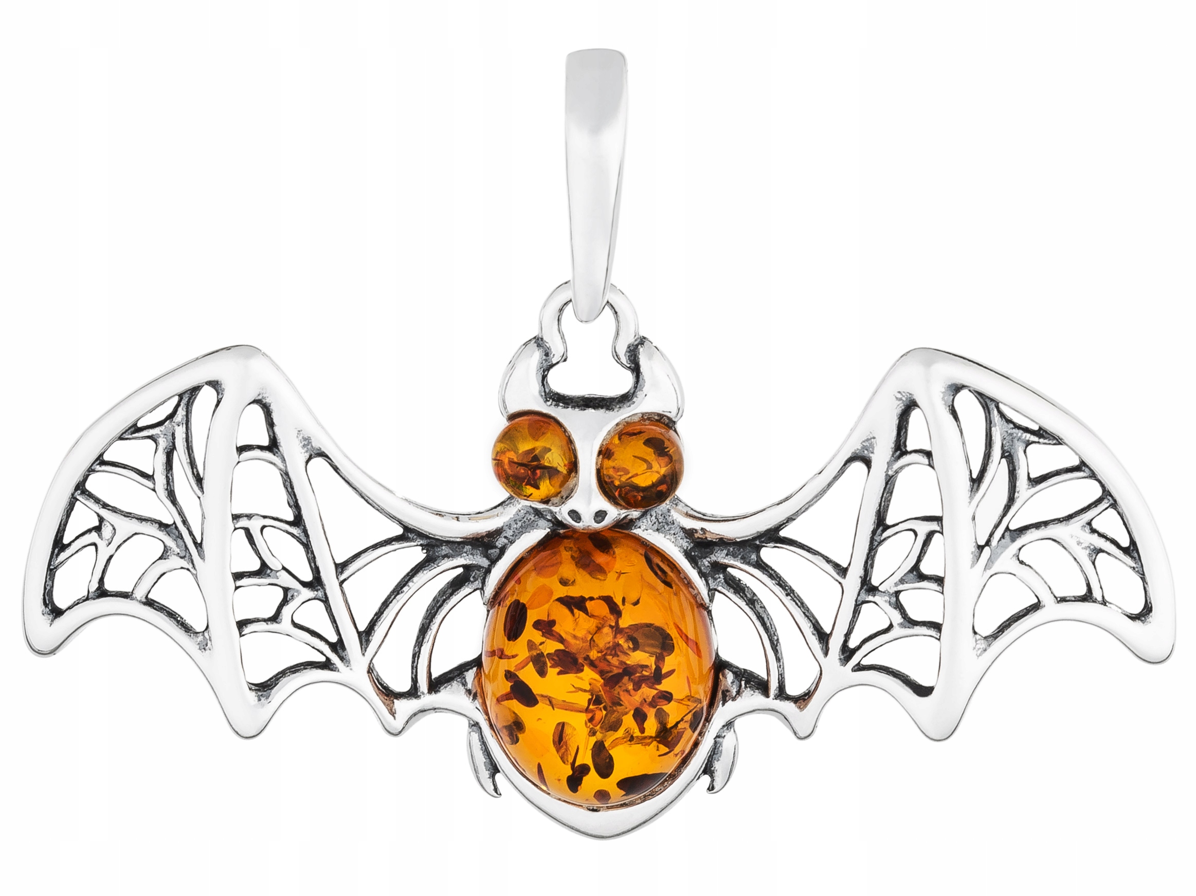Stříbrný Přívěsek Netopýr s Jantarem Prolamovaný Oxidovaný Závěsek Gacek
