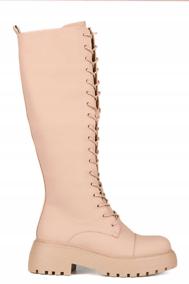 Béžové Matné Kozačky Ke Kolenům Na Platformě 38