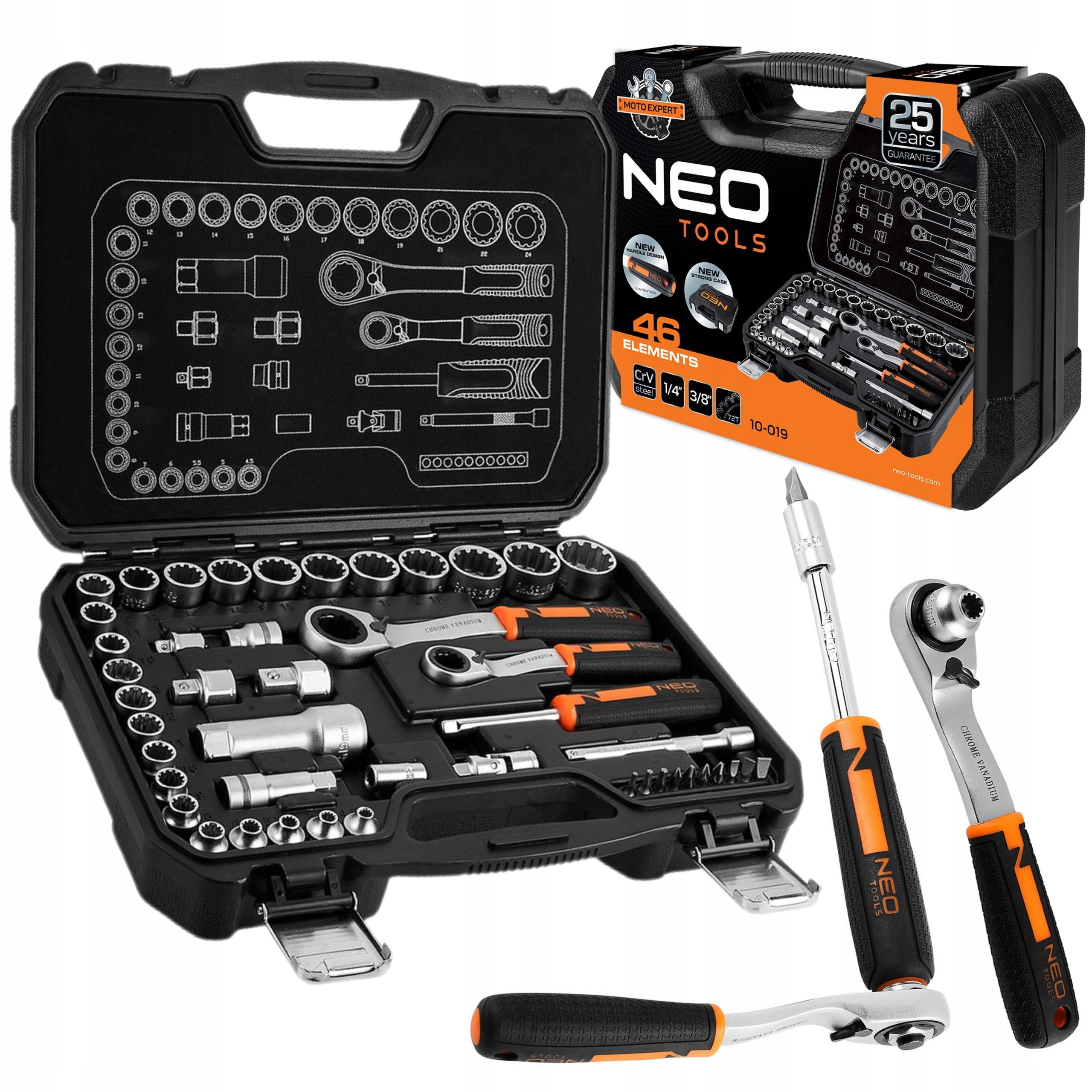 Neo Sada Nástrčných Kľúčov 1/4" 3/8" 46 Kusov Nástrčné Kľúče 10-019