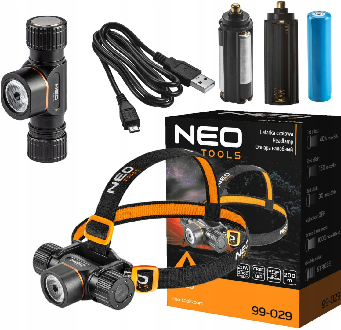 Latarka Czołowa Akumulatorowa Neo Akumulator Usb Led Czołówka Usb 2000LM