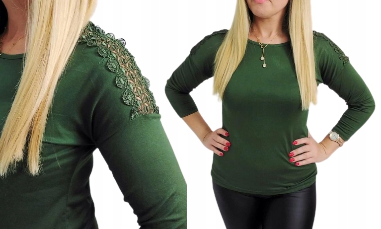 

Casual gładka bluzka z koronką Khaki 42 XL