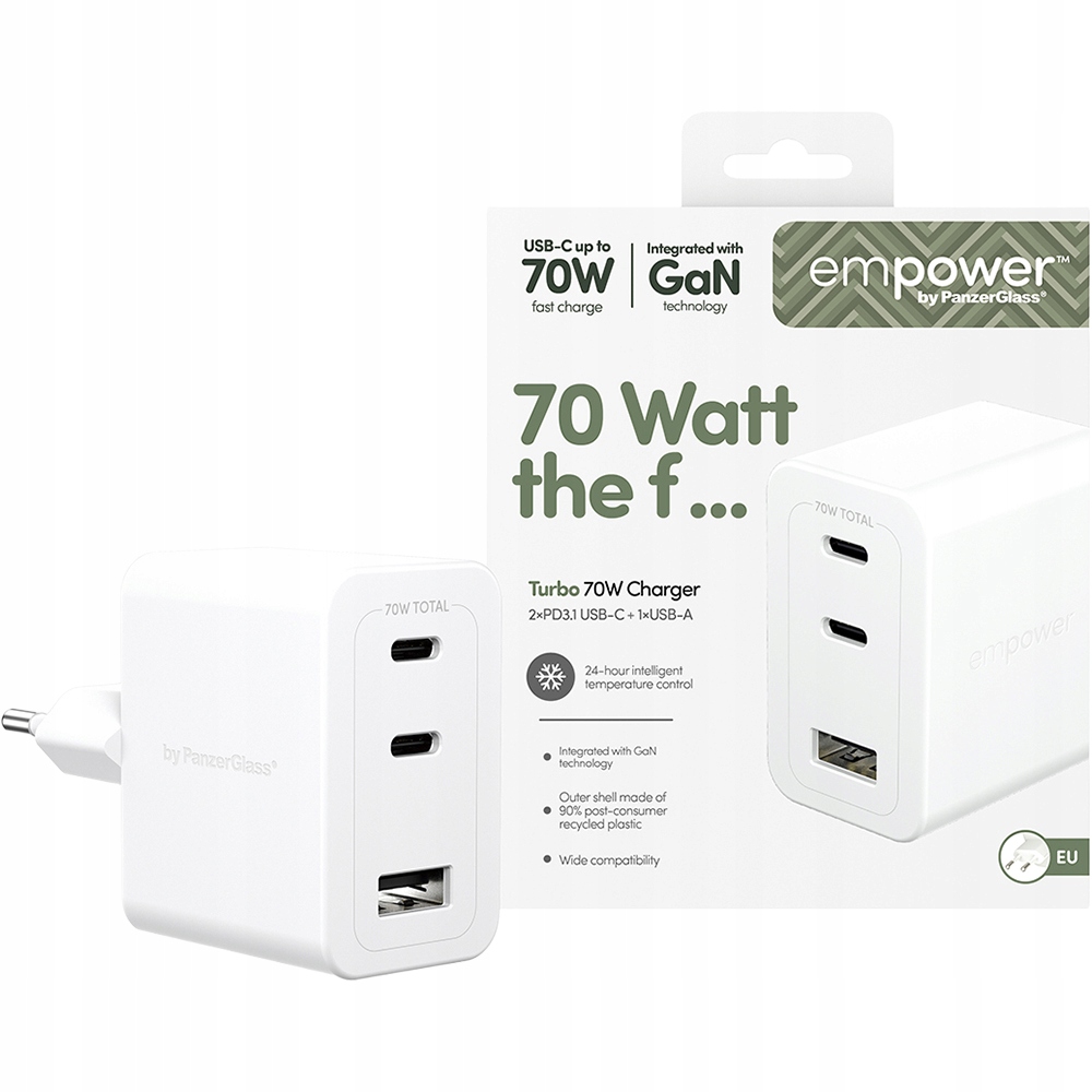 Síťová nabíječka 70W 2x Usb-c Usb-a empower by PanzerGlass GaN výkonná malá