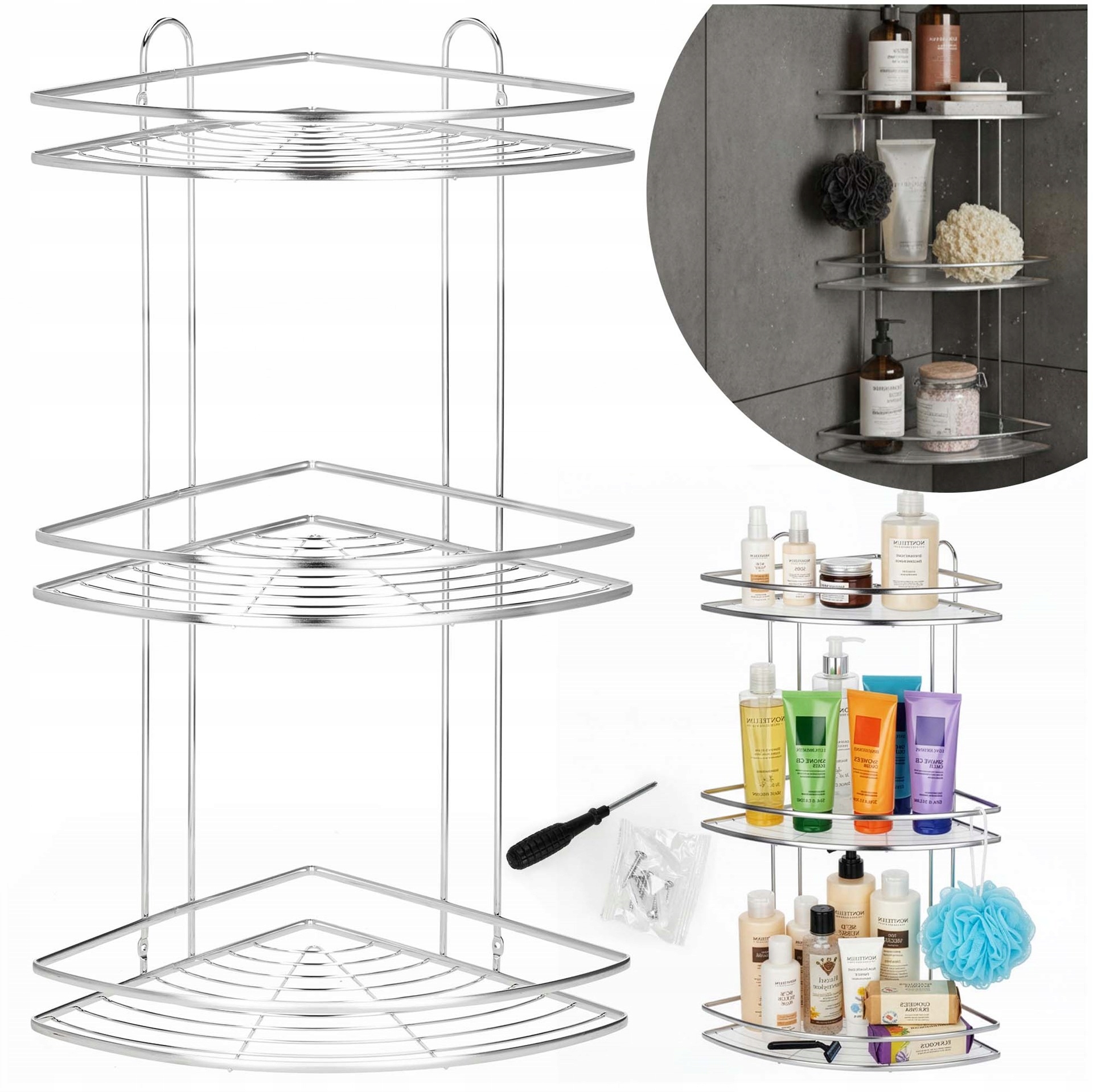 Rohová Koupelnová Polička Pod Sprchu Závěsná 3 Nástěnné Police Regál Chrom