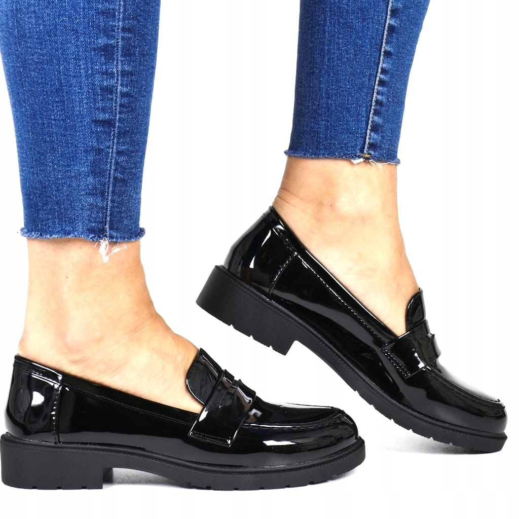 WYGODNE LOAFERSY DAMSKIE MOKASYNY NA GRUBEJ PODESZWIE BUTY PŁASKIE CZARNE EAN (GTIN) 5907546578855