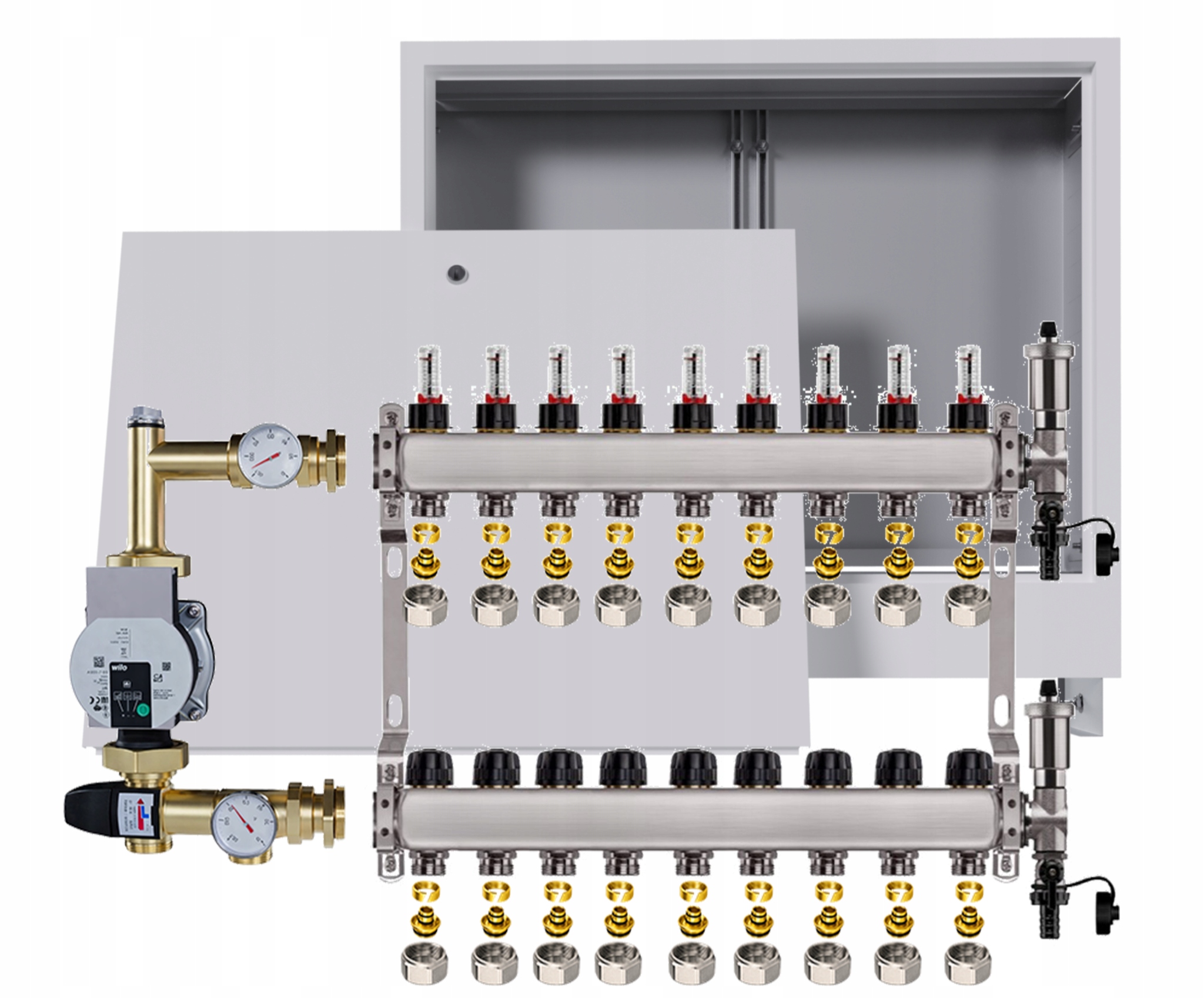 Nerezový rozdělovač na podlahu 9 podomítková skříňka Pumpa Wilo Pex