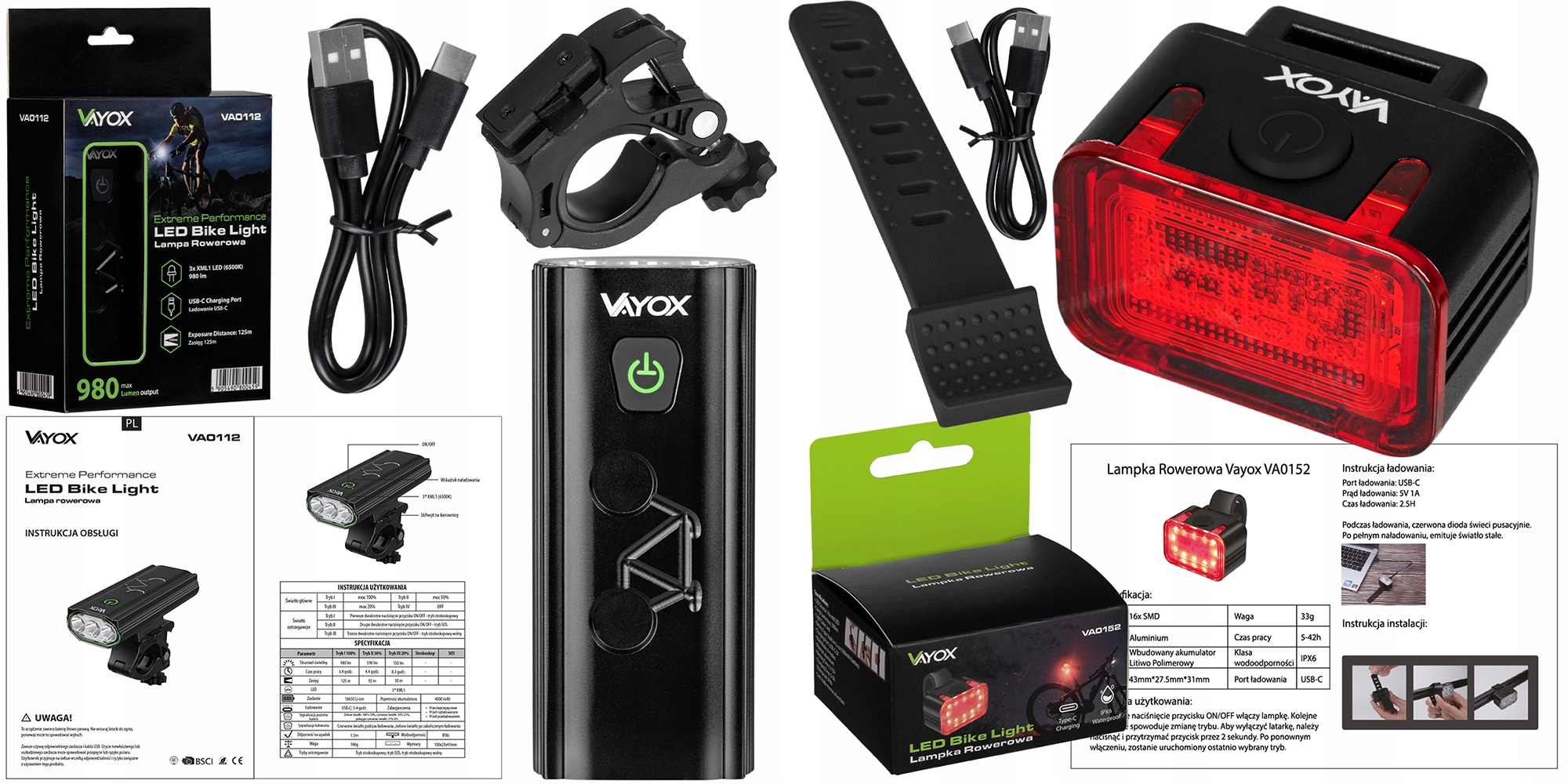 LAMPKA ROWEROWA PRZEDNIA 3xLED + OŚWIETLENIE ROWEROWE TYLNE USB-C PRO VAYOX Waga 166 g