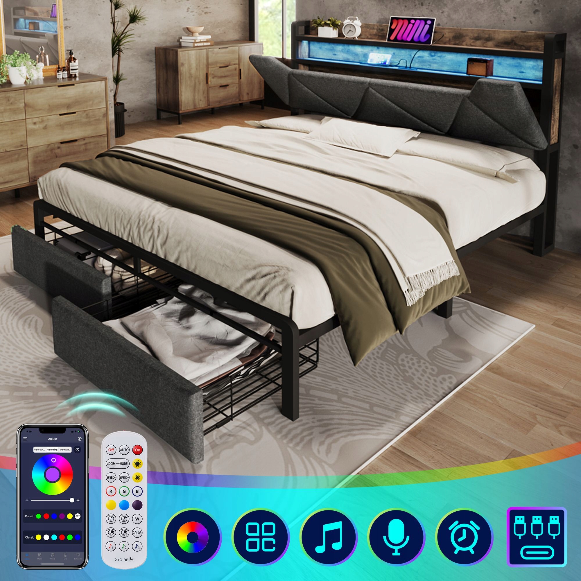 Čalouněná postel Dvojlůžko Zásuvky Led Usb C 160X200 šedá Matrace