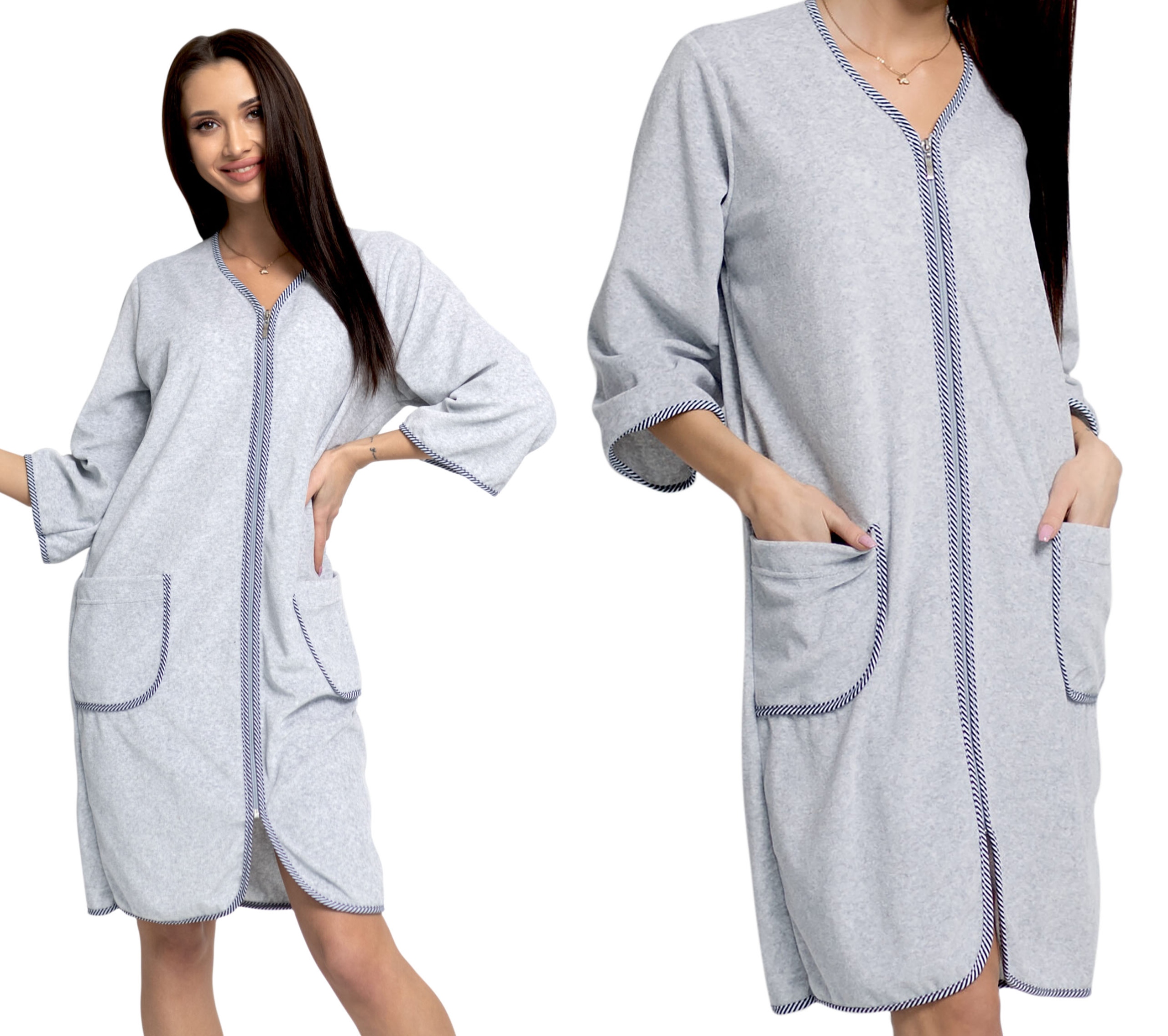 Elegantní dámský župan z veluru s lemováním a 3/4 rukávem