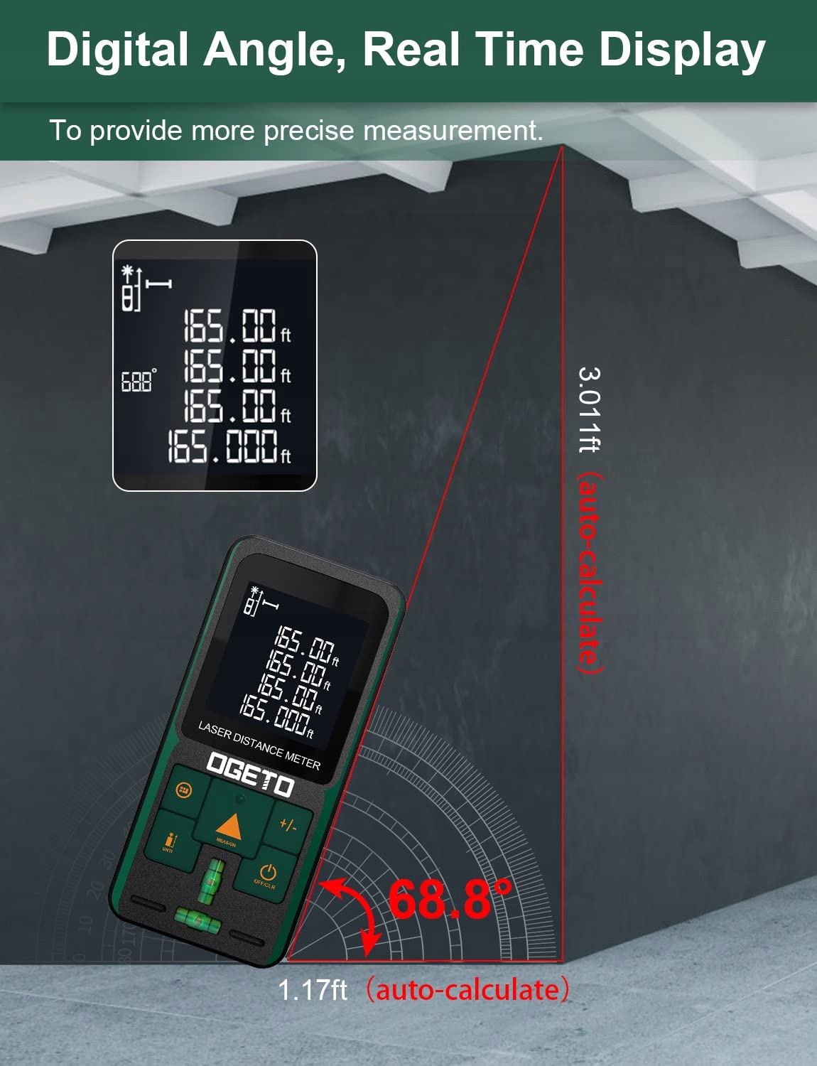 OGETO Dalmierz Laserowy 120m LCD Pomiar Odległości Kąt Pythagoras — miniatura 2