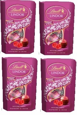 Levně 4x 200 g Lindt Lindor Raspberry & Cream Cornet pralinky Půlka Kartonu