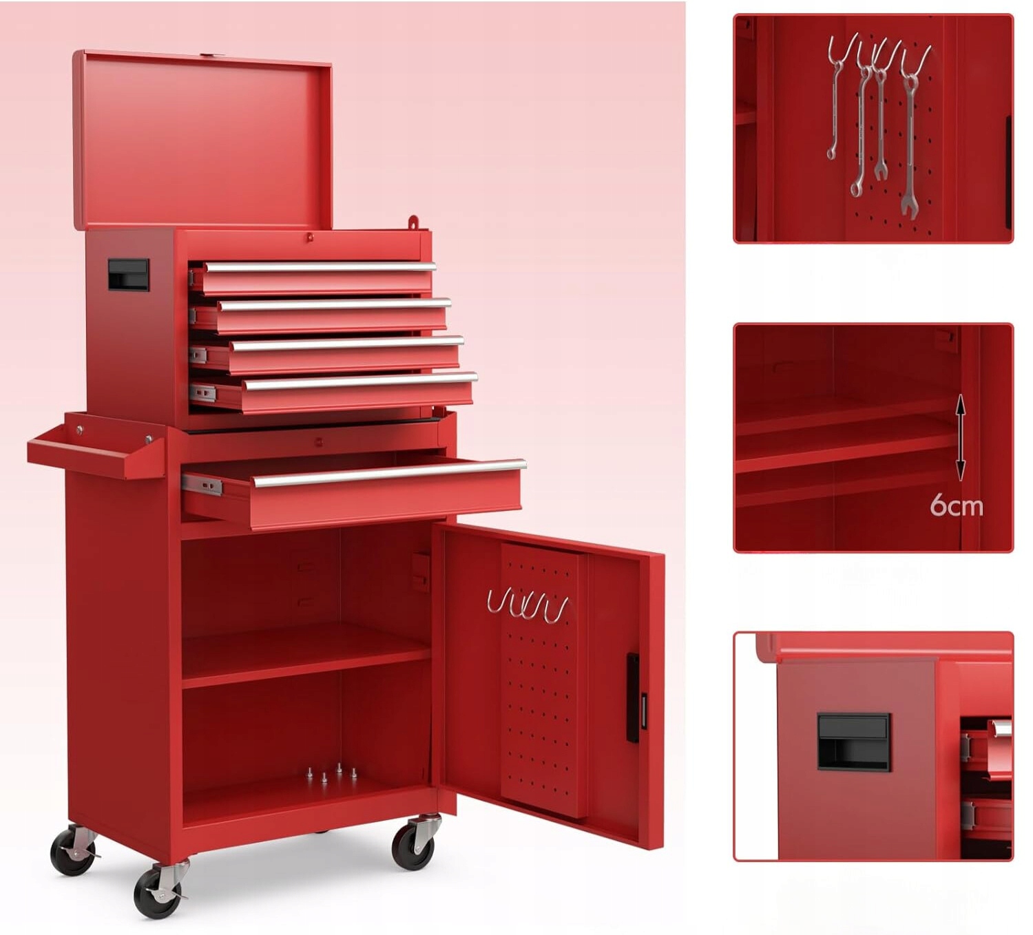 WÓZEK WARSZTATOWY SZAFA NA NARZĘDZIA 2w1 8 PRZEGRÓDEK Wyposażenie w zestawie Nie