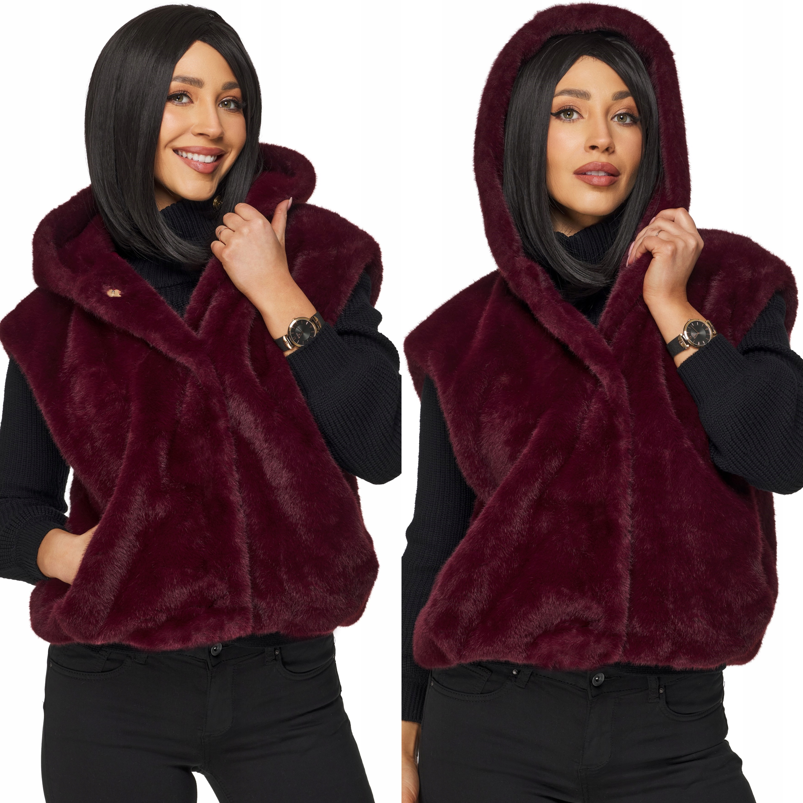Dámská zimní teplá kožešinová Vesta s kapucí a kapsami bordó