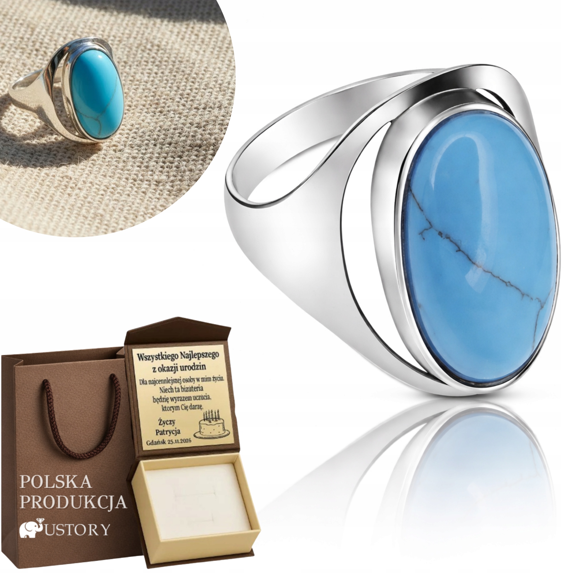 Stříbrný Prstýnek S Velkým Kamenem Tyrkys 925 Masivní Retro Šperky