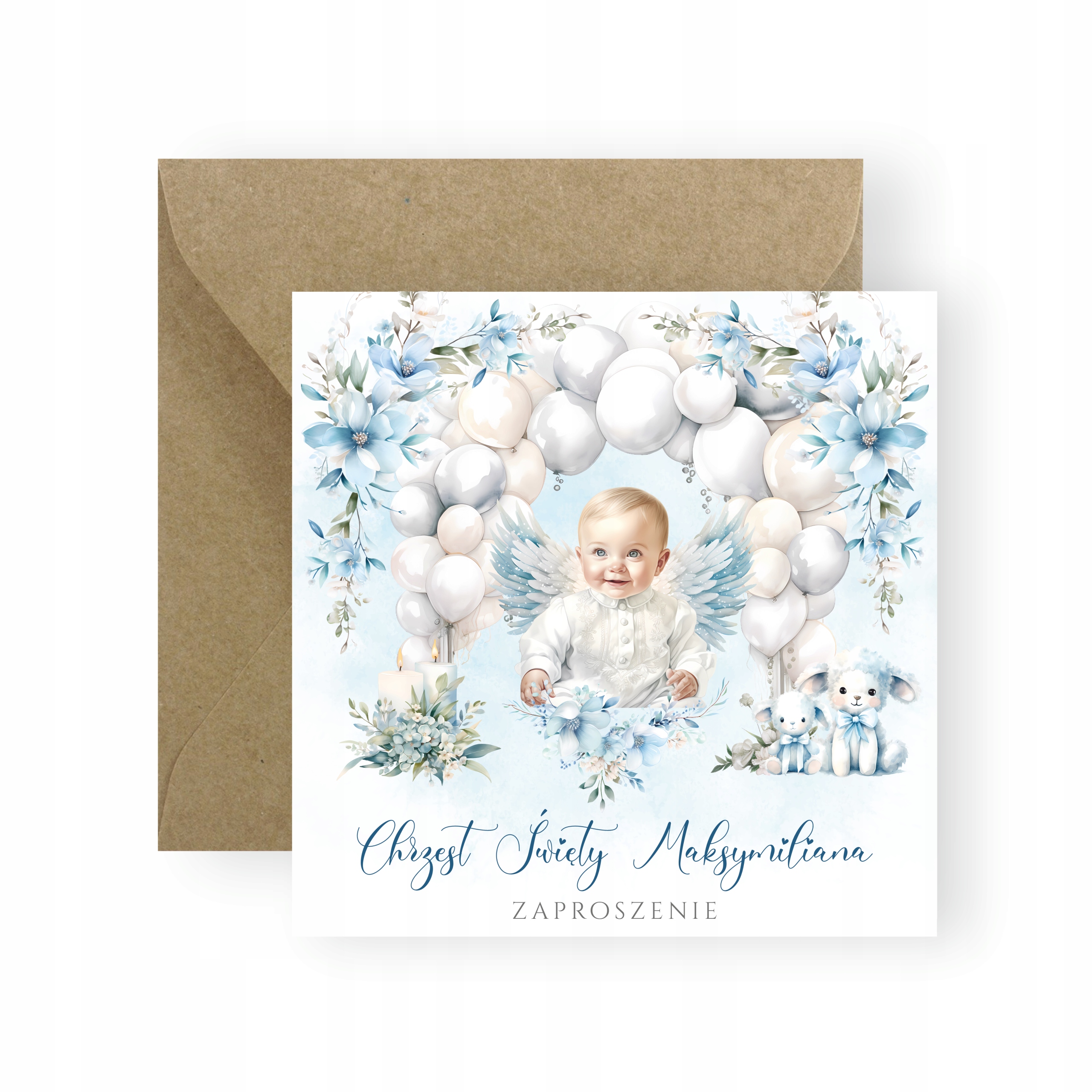 ZAPROSZENIA NA CHRZEST DLA CHŁOPCA + IMIĘ + KOPERTA SŁODKI ANIOŁEK DZIDZIUŚ