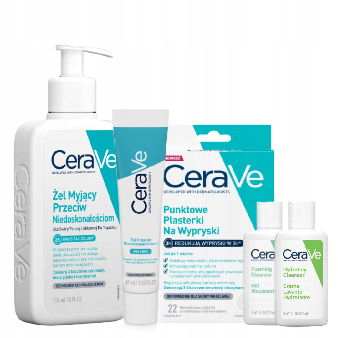 CeraVe Plasterki na niedoskonałości, Żel myjący 236 ml, Żel punktowy