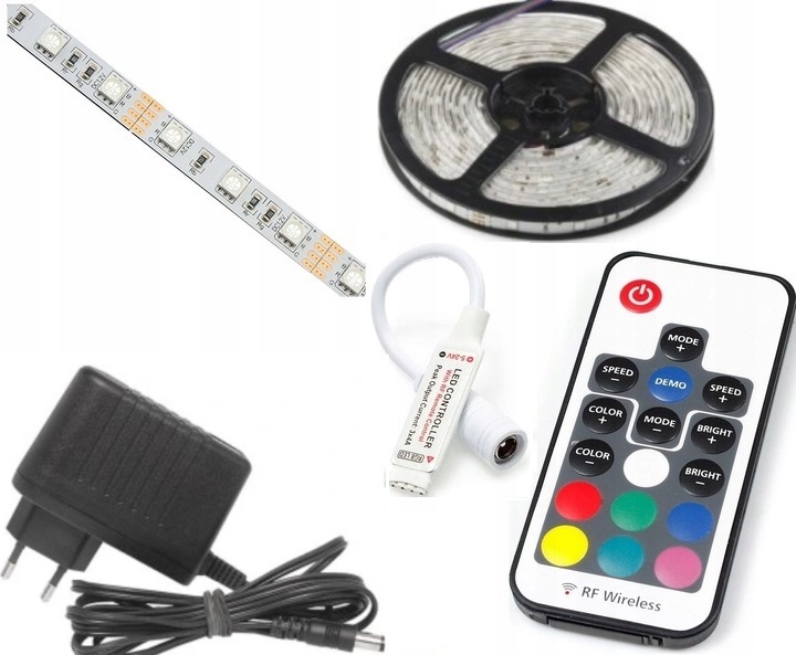 

Zestaw Taśma 1,5m 45 Led Rgb sterownik Rf zasilacz