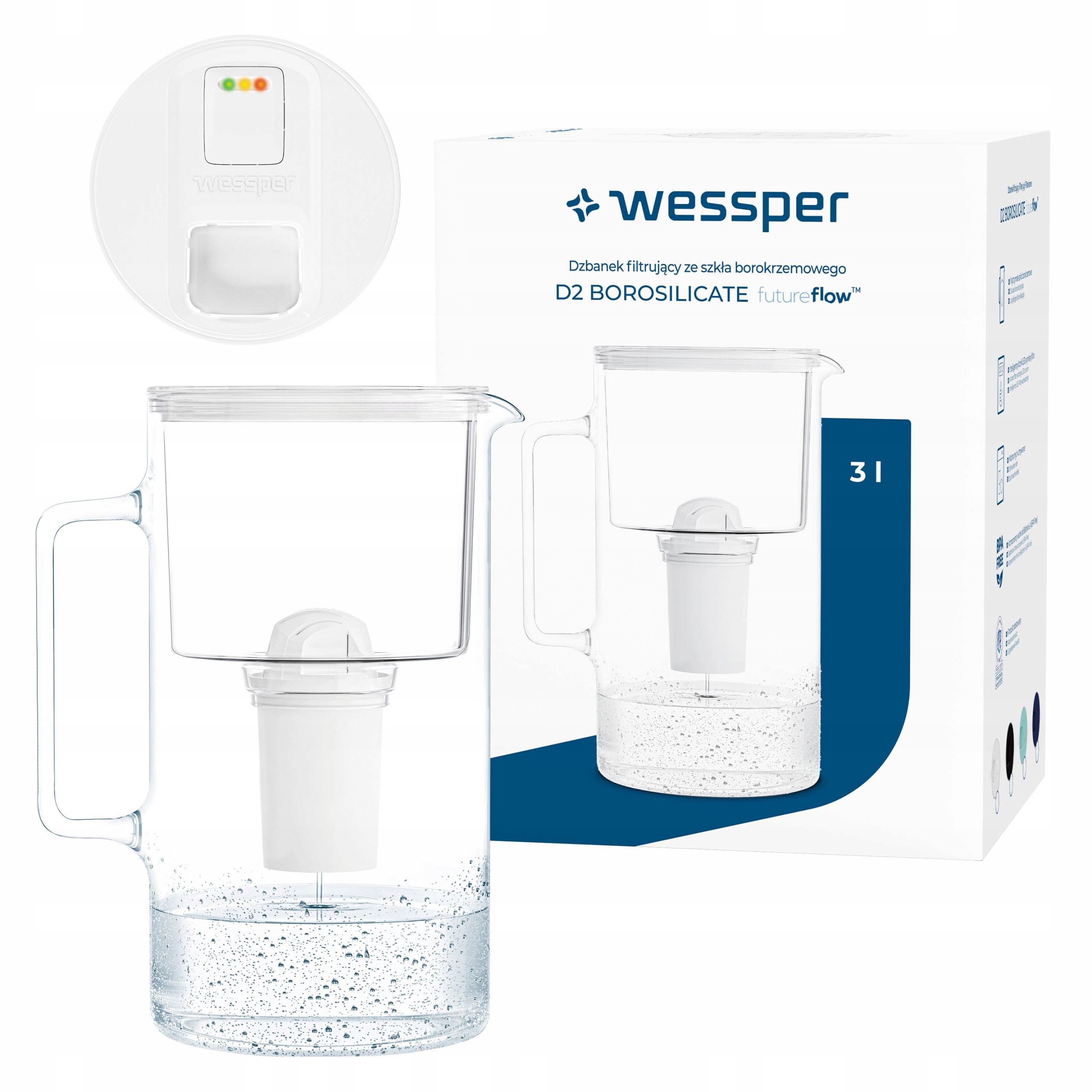 Dzbanek filtrujący szklany Wessper D2 Borosilicate z licznikiem Led 3L