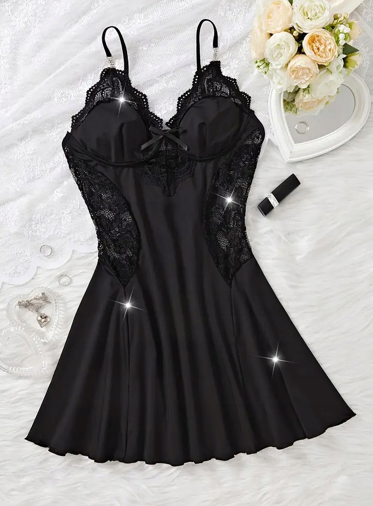 CZARNA HALKA KOSZULA NOCNA DAMSKA BIELIZNA SEXOWNA KORONKOWA M 38 Rozmiar M