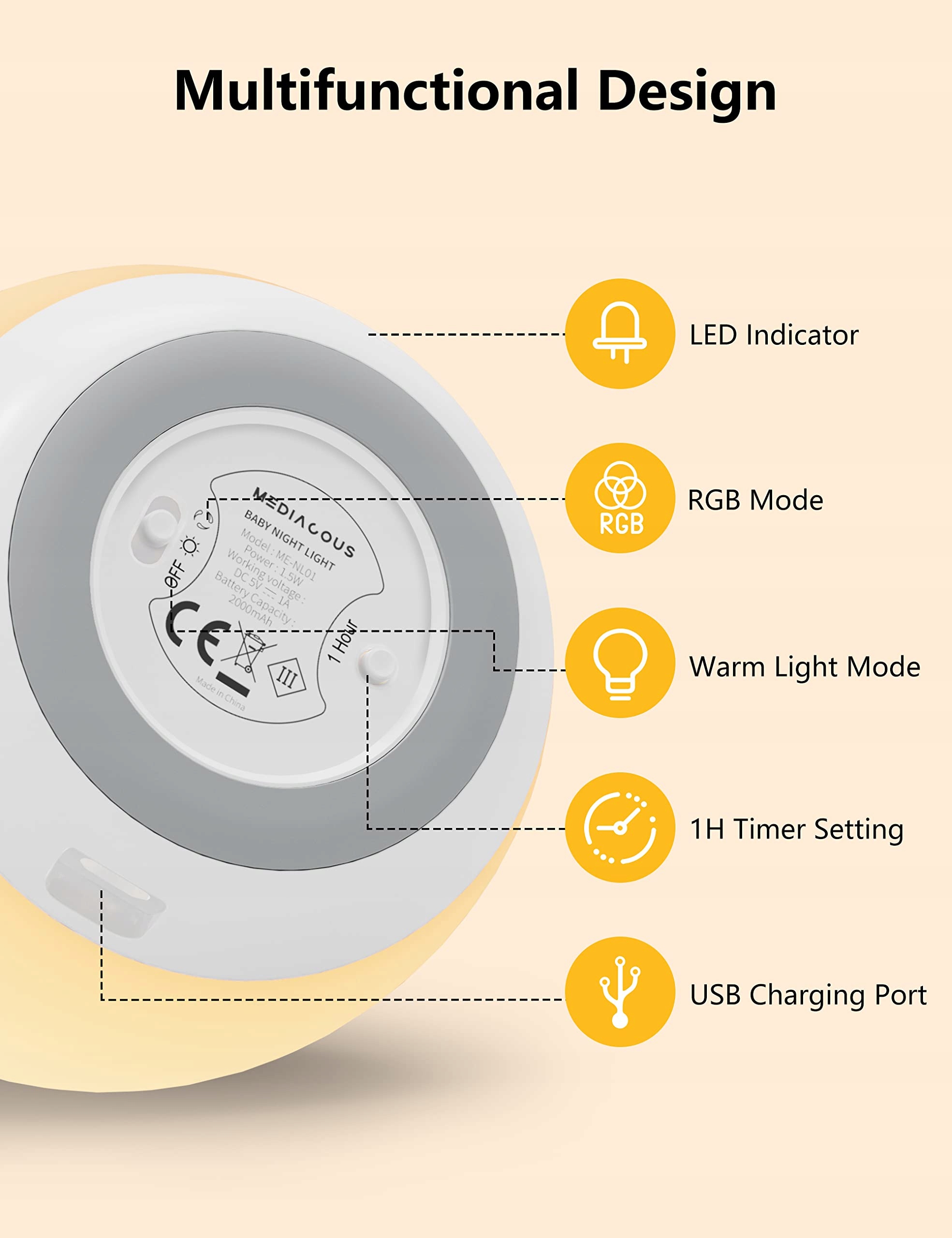 MEDIACOUS Lampka Nocna LED Dla Dzieci 8 Kolorów USB Timer Dotykowa — miniatura 5
