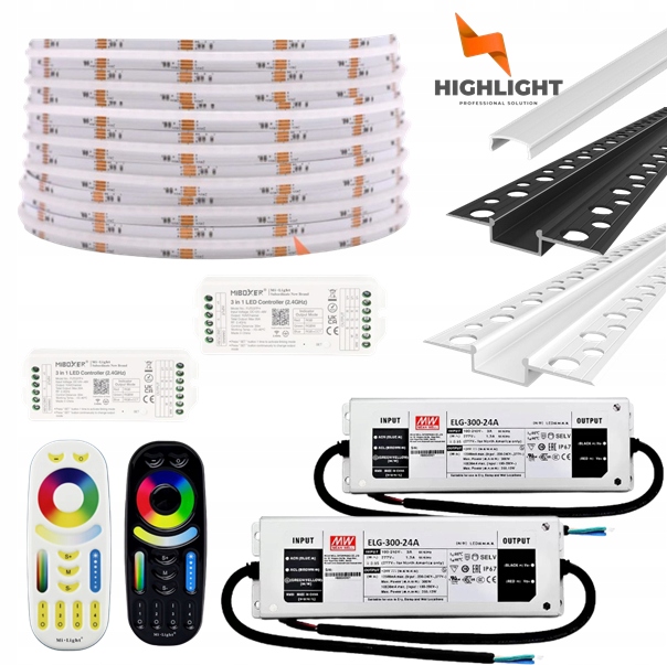 30 m Sada Fasádová Led páska Cob Rgb+cct 16W 24V IP65 +Profil Biela/Čierna