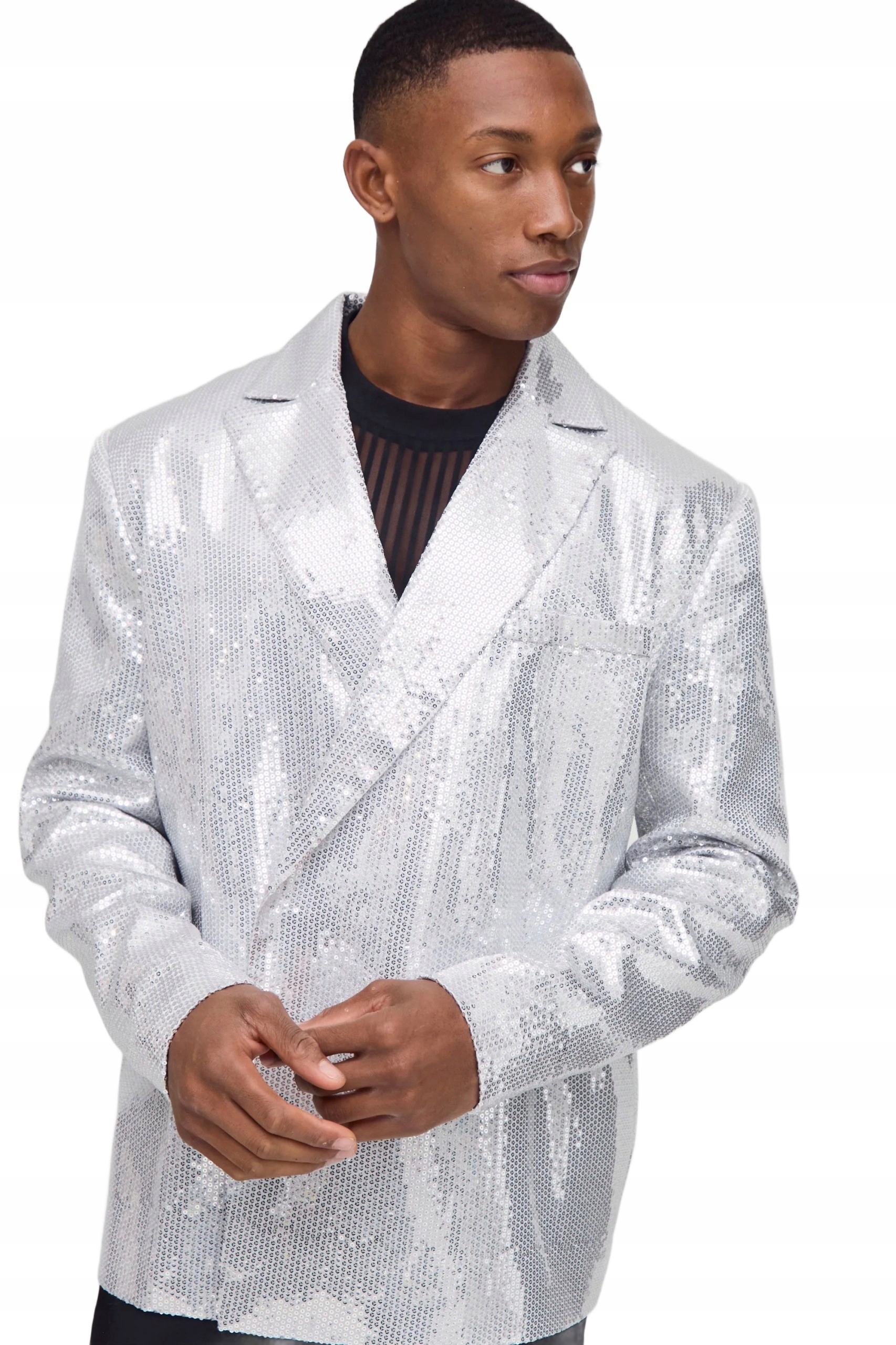 Boohooman Pánské Sako Dvouřadé Stříbrné Sako S Flitry Slim 42 Z3A