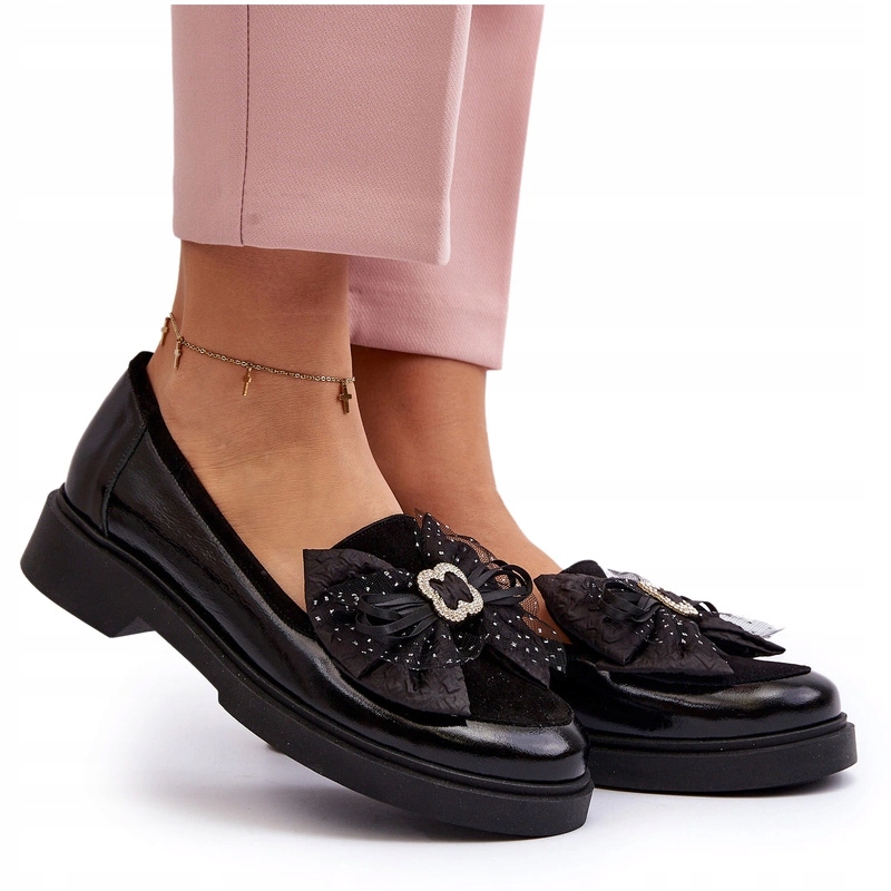 Dámské Lakované Mokasíny Mašle Z Přírodní Kůže Laura Messi Černé 39