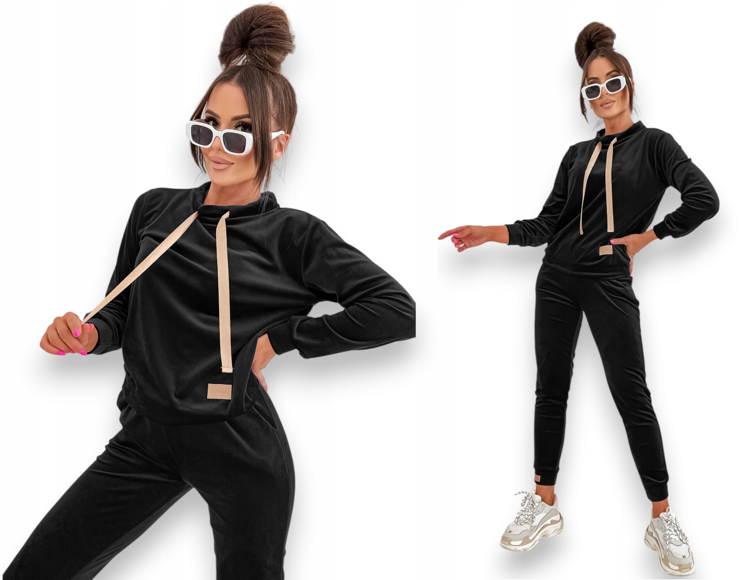 Welurowy Dres Damski Czarny Stójka Złote Detale Komplet Gloria M