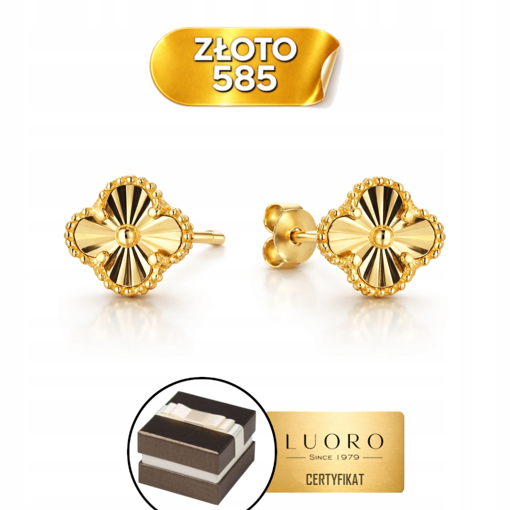 Náušnice Zlaté 585 14K Čtyřlístek Diamantové 9,5 MM Tyčinka